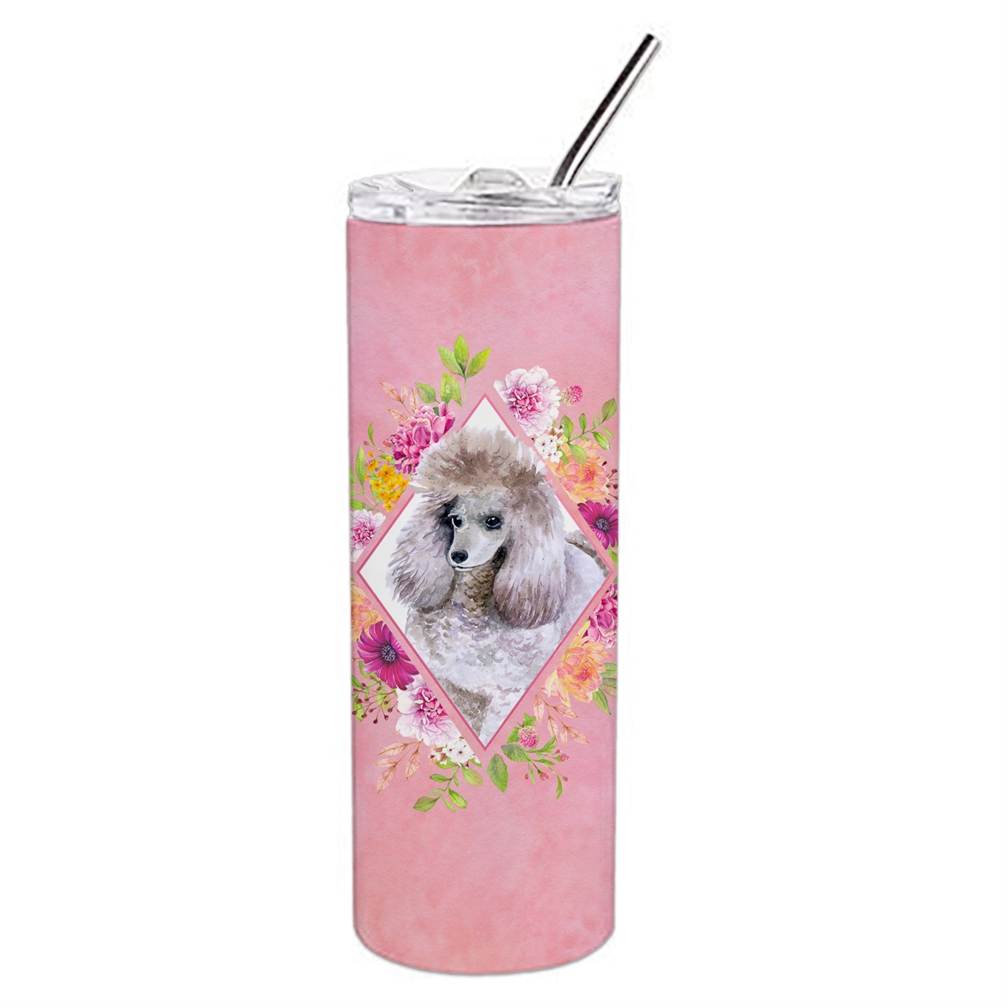 'Caroline'S Treasures Standard Grey Poodle Pink Flowers Double Walled Stainless Steel 20 Oz Skinny Travel-Insulated-Tumblers, M