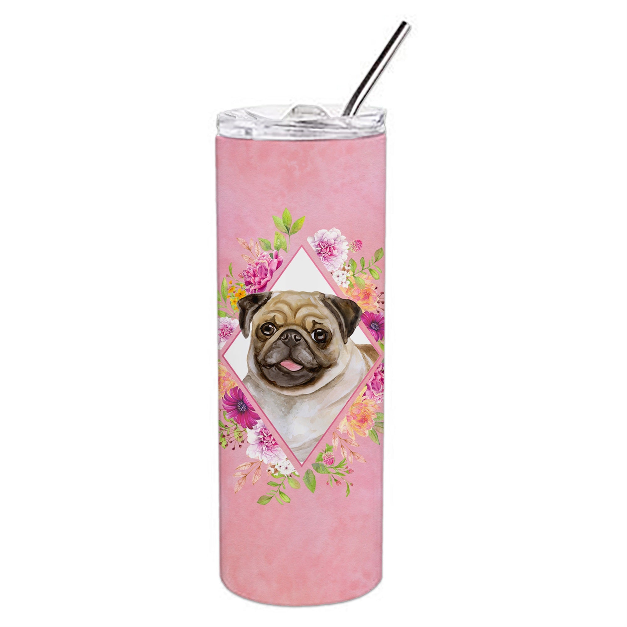 'Caroline'S Treasures Fawn Pug Pink Flowers Double Walled Stainless Steel 20 Oz Skinny Travel-Insulated-Tumblers, Multicolor''