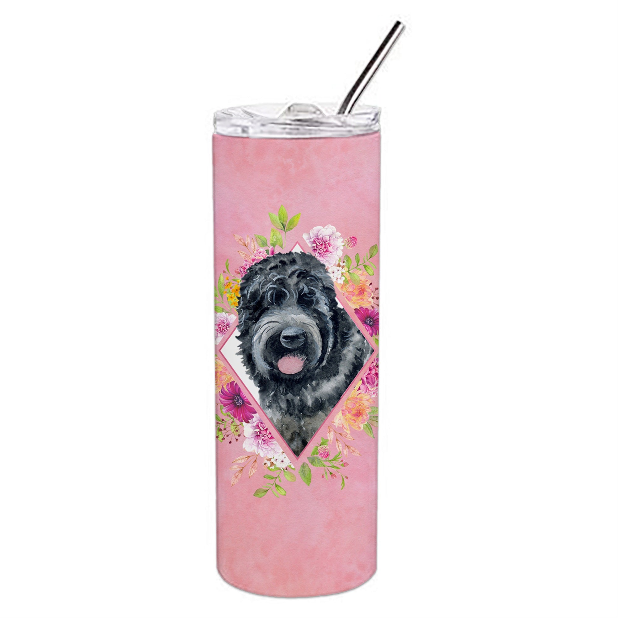 'Caroline'S Treasures Russian Black Terrier Pink Flowers Double Walled Stainless Steel 20 Oz Skinny Travel-Insulated-Tumblers,