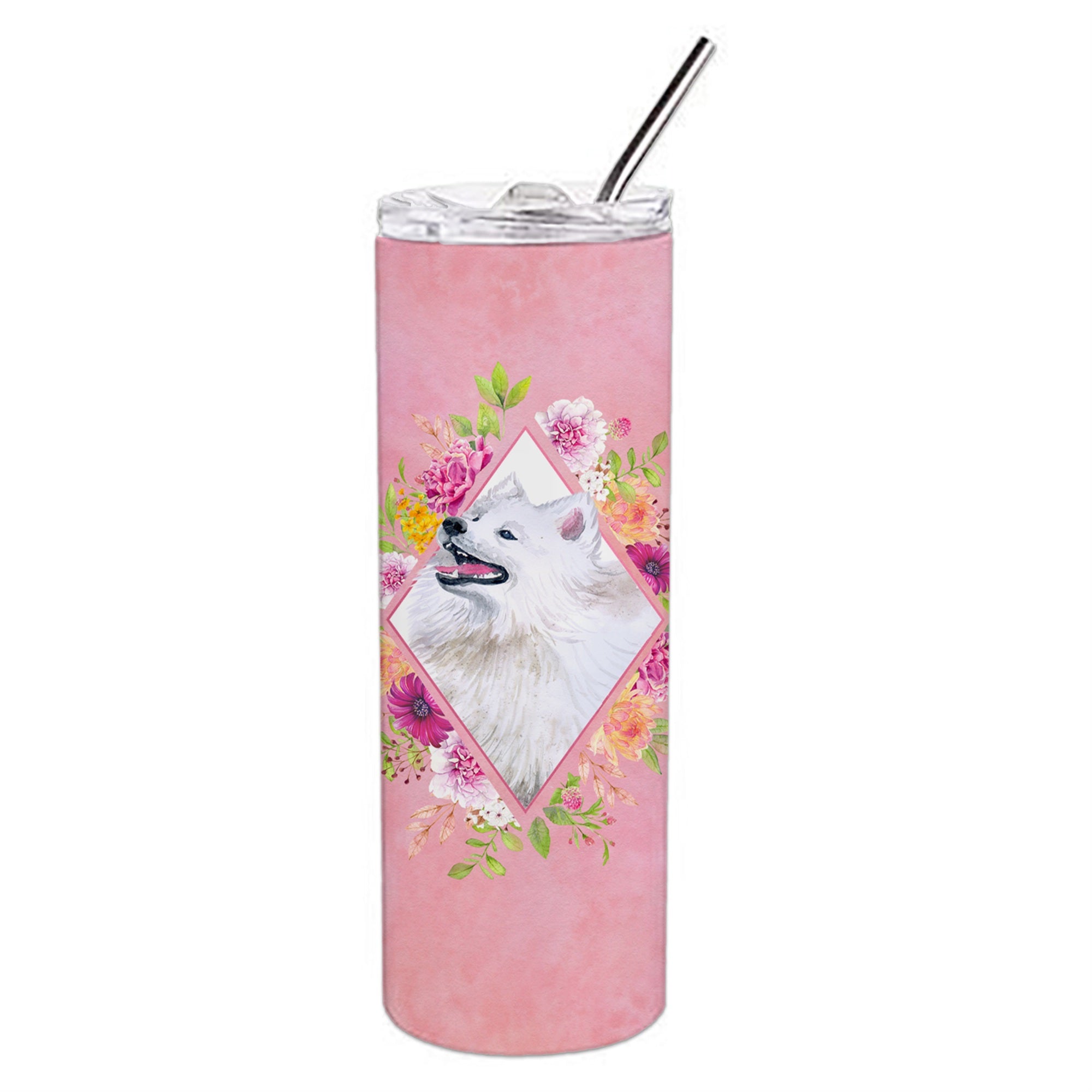'Caroline'S Treasures Samoyed Pink Flowers Double Walled Stainless Steel 20 Oz Skinny Travel-Insulated-Tumblers, Multicolor''