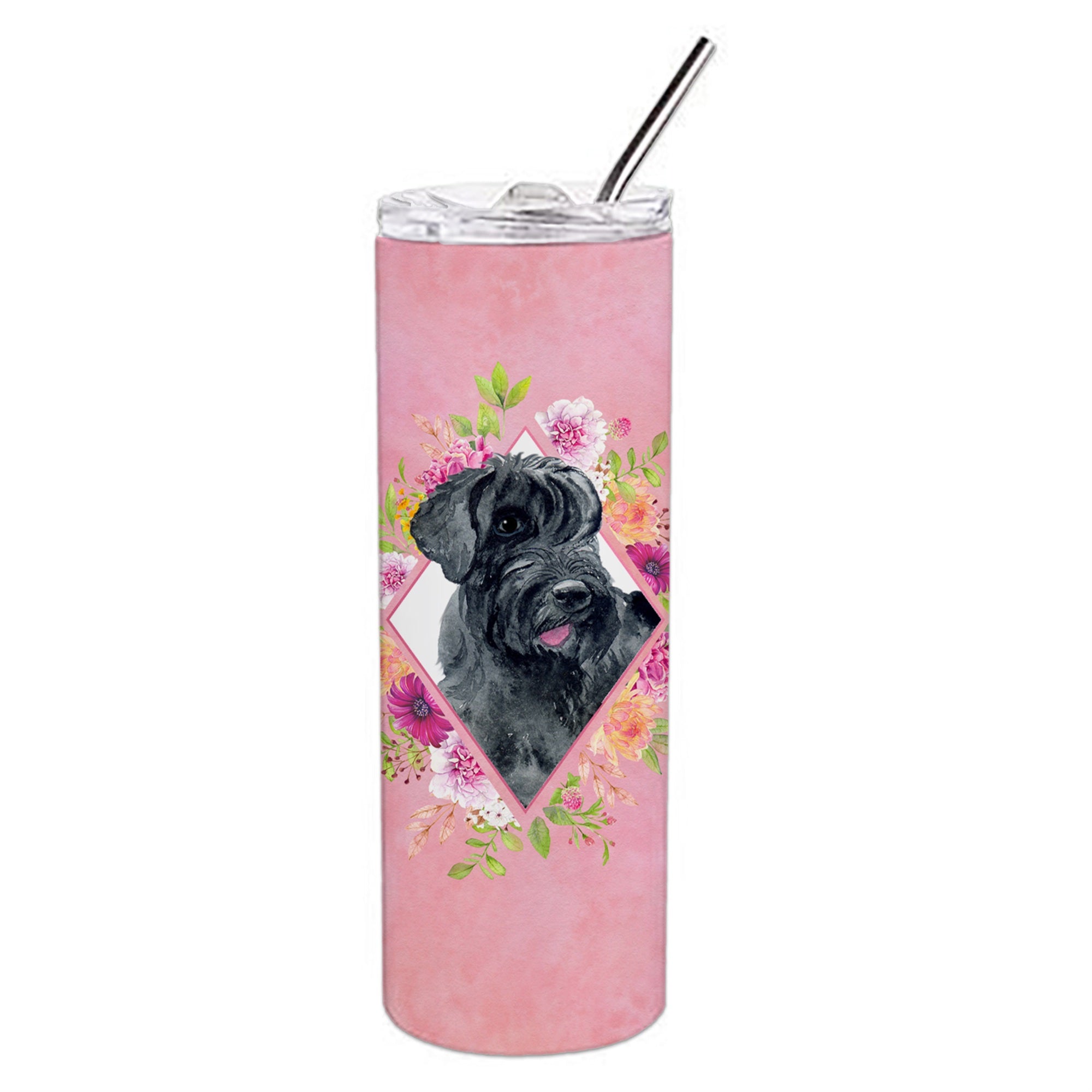 'Caroline'S Treasures Giant Schnauzer Pink Flowers Double Walled Stainless Steel 20 Oz Skinny Travel-Insulated-Tumblers, Multic