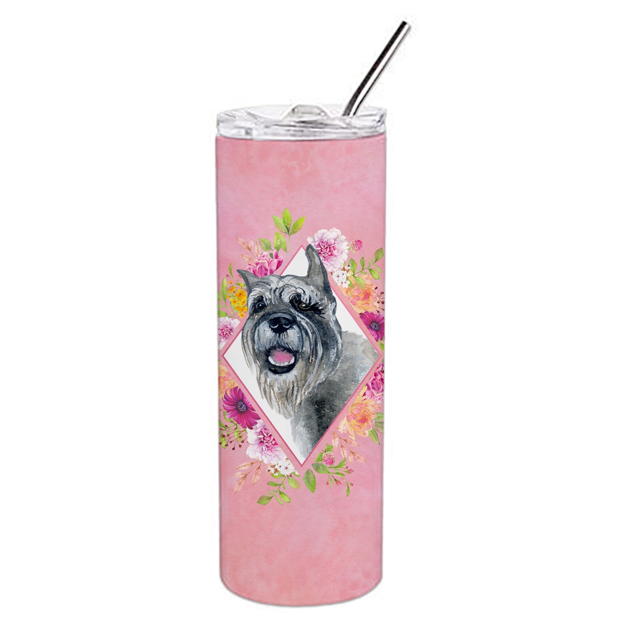 'Caroline'S Treasures Schnauzer Pink Flowers Double Walled Stainless Steel 20 Oz Skinny Travel-Insulated-Tumblers, Multicolor''