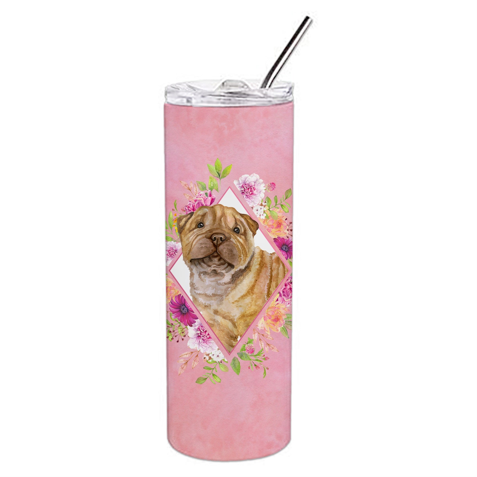 'Caroline'S Treasures Shar Pei Pink Flowers Double Walled Stainless Steel 20 Oz Skinny Travel-Insulated-Tumblers, Multicolor''