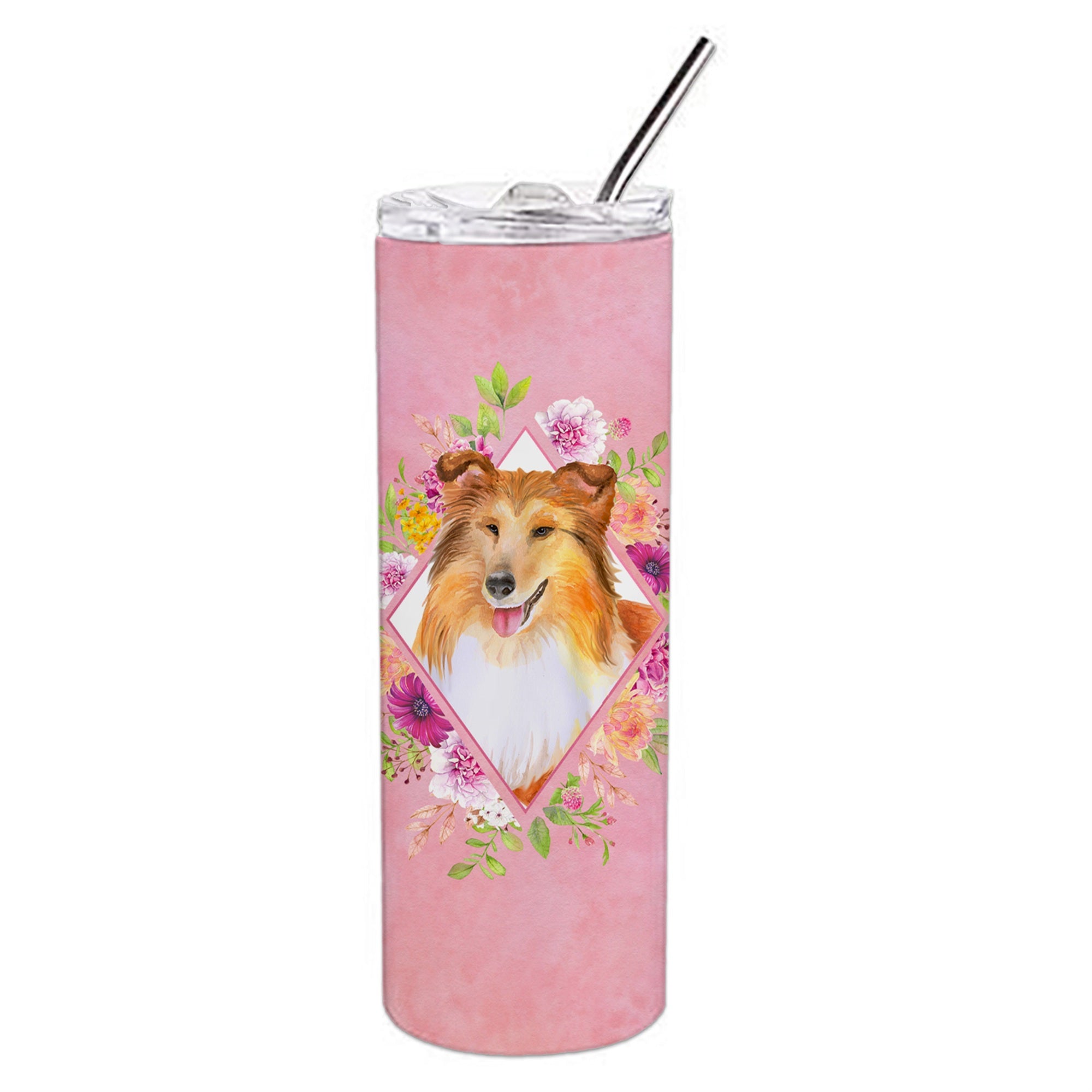 'Caroline'S Treasures Sheltie Pink Flowers Double Walled Stainless Steel 20 Oz Skinny Travel-Insulated-Tumblers, Multicolor''