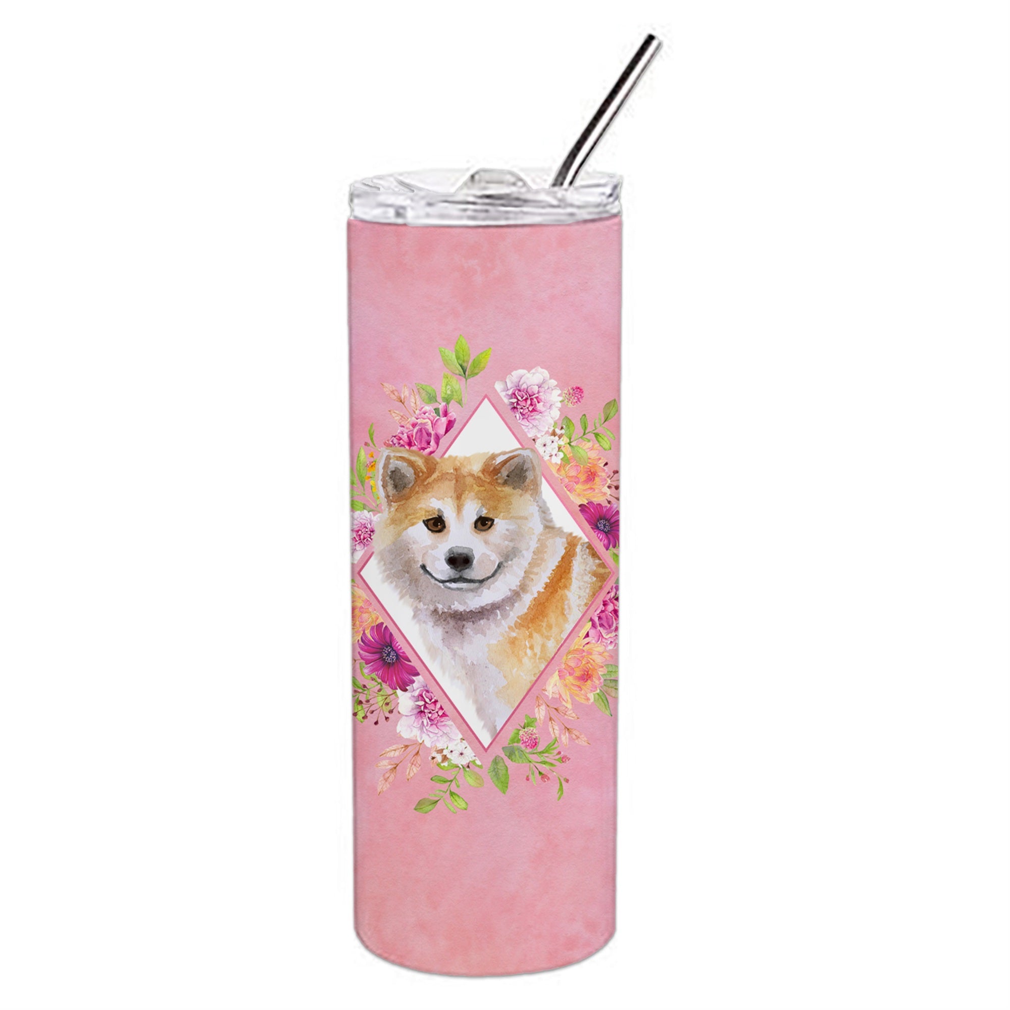 'Caroline'S Treasures Shiba Inu Pink Flowers Double Walled Stainless Steel 20 Oz Skinny Travel-Insulated-Tumblers, Multicolor''