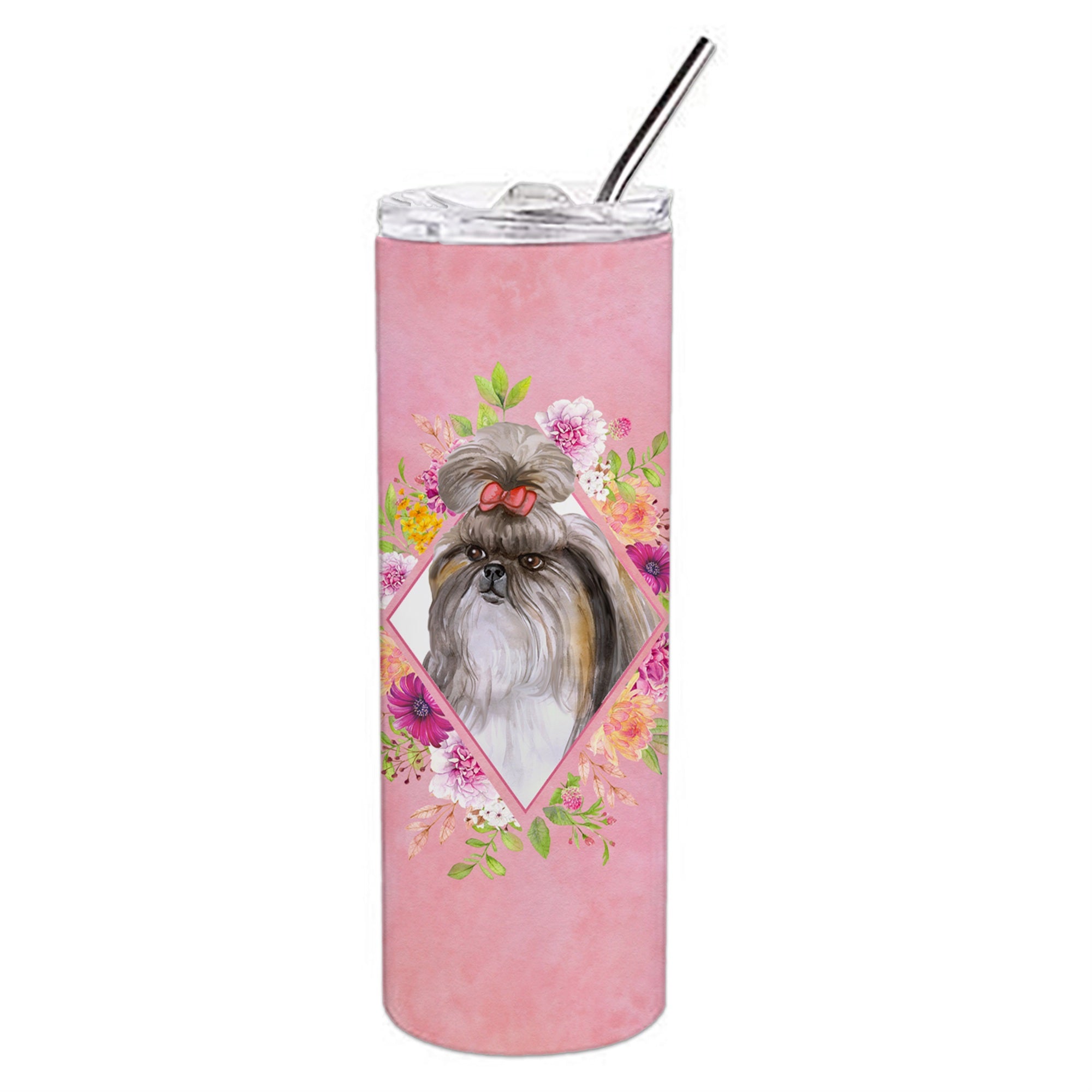 'Caroline'S Treasures Shih Tzu Pink Flowers Double Walled Stainless Steel 20 Oz Skinny Travel-Insulated-Tumblers, Multicolor''
