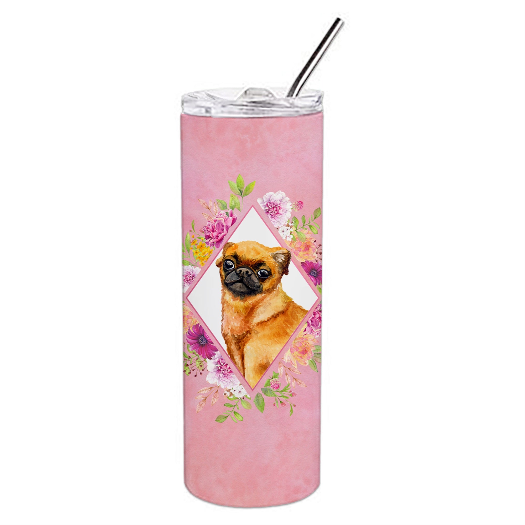 'Caroline'S Treasures Brabant Griffon Pink Flowers Double Walled Stainless Steel 20 Oz Skinny Travel-Insulated-Tumblers, Multic