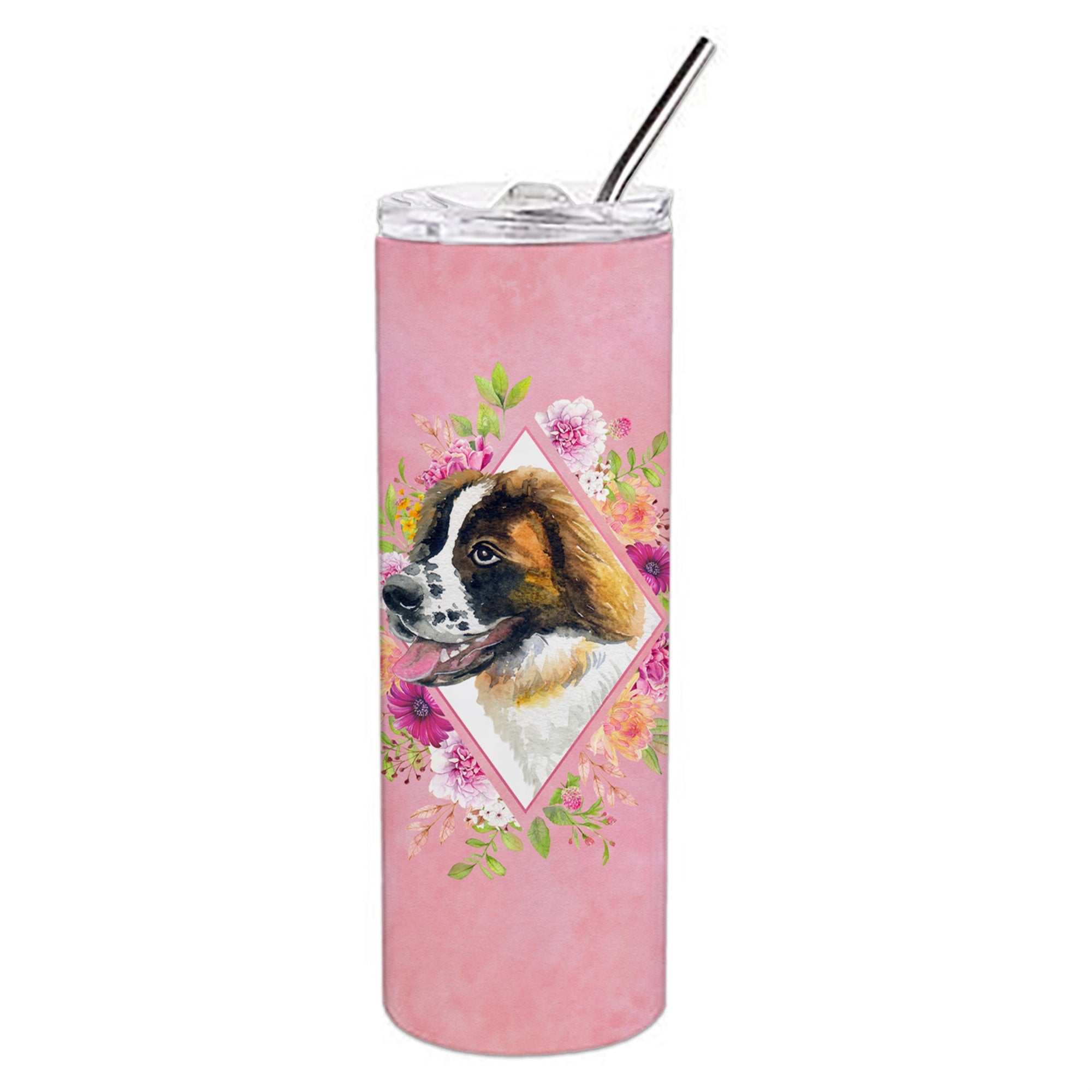 'Caroline'S Treasures Saint Bernard #2 Pink Flowers Double Walled Stainless Steel 20 Oz Skinny Travel-Insulated-Tumblers, Multi