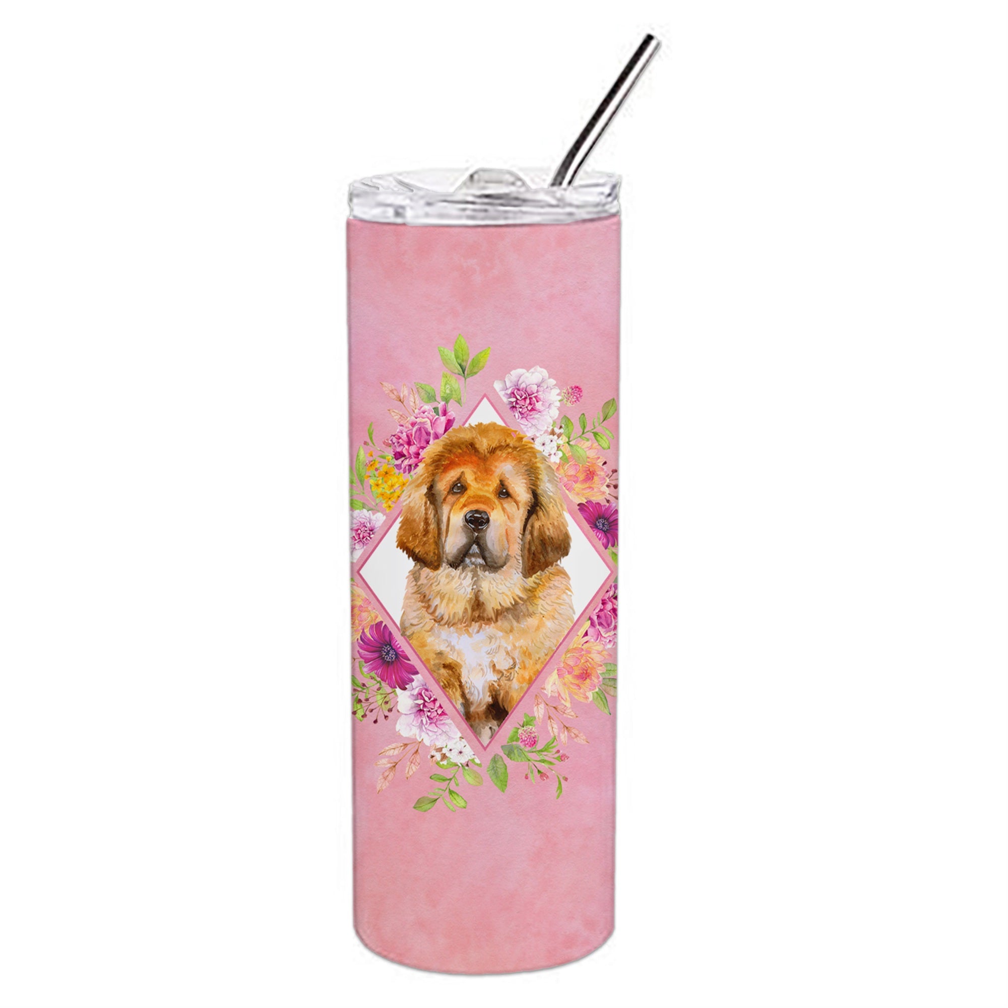 'Caroline'S Treasures Tibetian Mastiff Puppy Pink Flowers Stainless Steel 20 Oz Skinny Travel-Insulated-Tumblers, Multicolor''