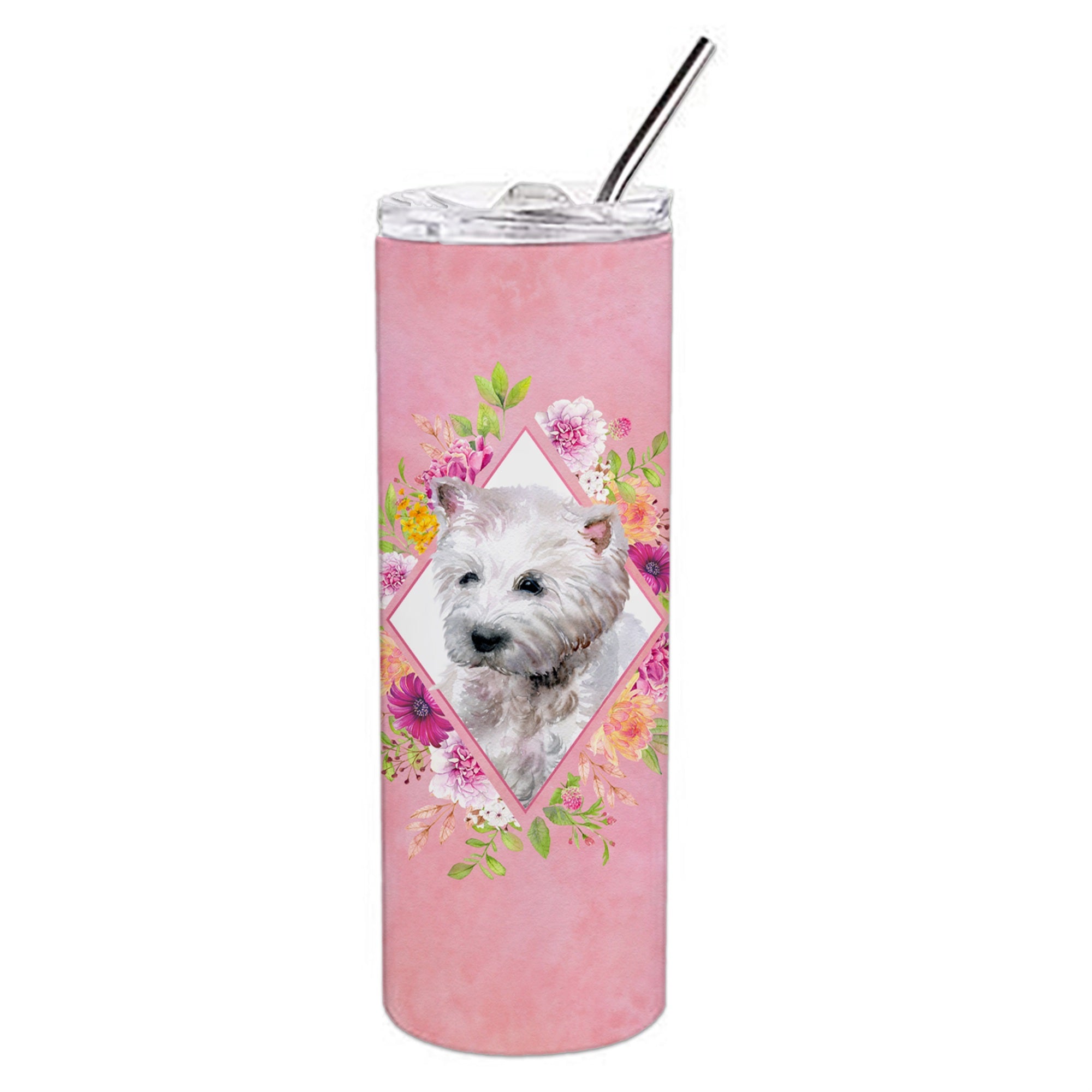 'Caroline'S Treasures Westie Pink Flowers Double Walled Stainless Steel 20 Oz Skinny Travel-Insulated-Tumblers, Multicolor''