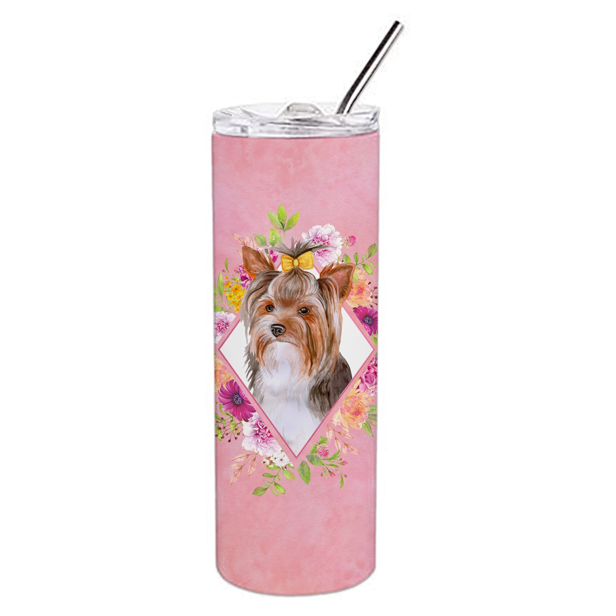 'Caroline'S Treasures Yorkshire Terrier #1 Pink Flowers Double Walled Stainless Steel 20 Oz Skinny Travel-Insulated-Tumblers, M