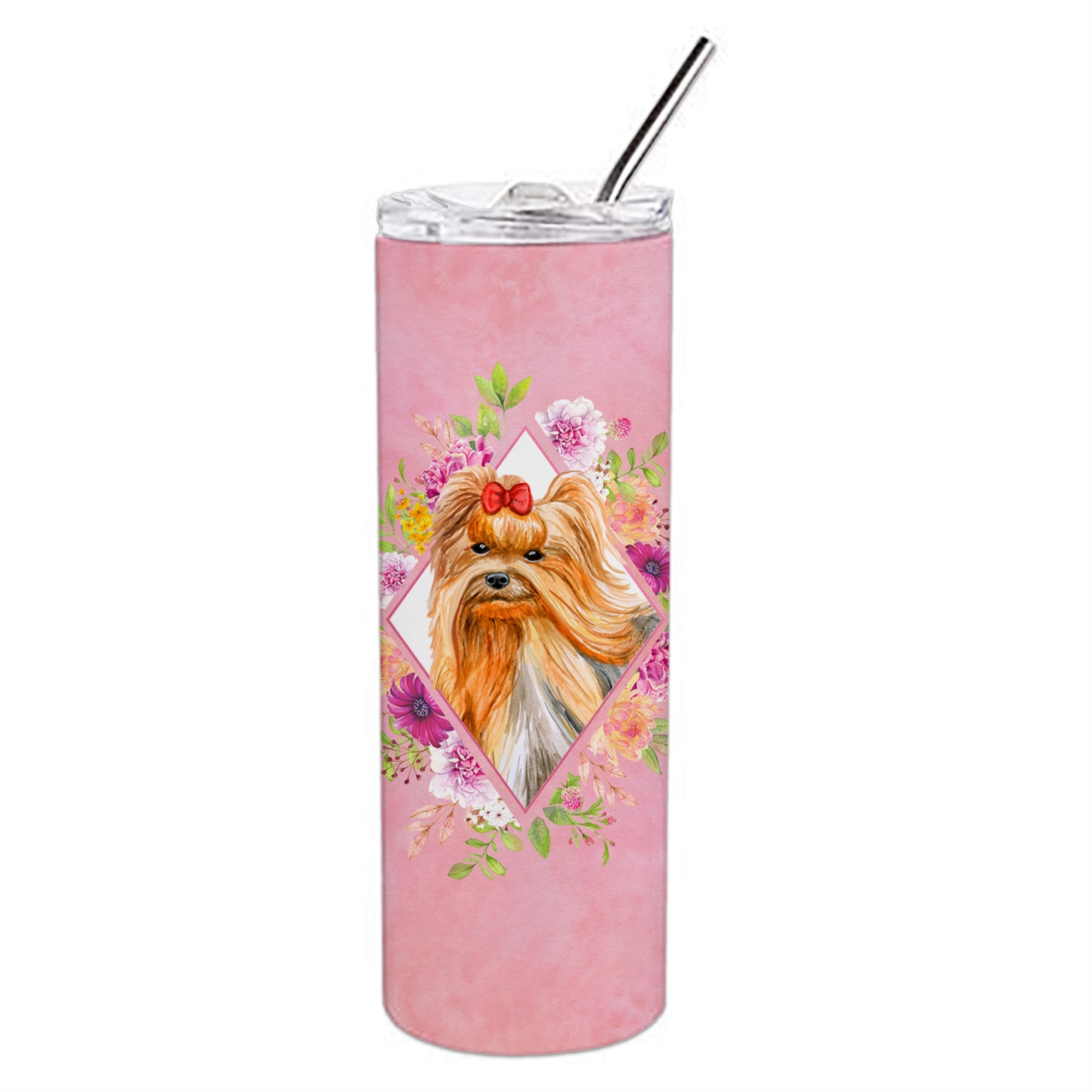 'Caroline'S Treasures Yorkshire Terrier #2 Pink Flowers Double Walled Stainless Steel 20 Oz Skinny Travel-Insulated-Tumblers, M