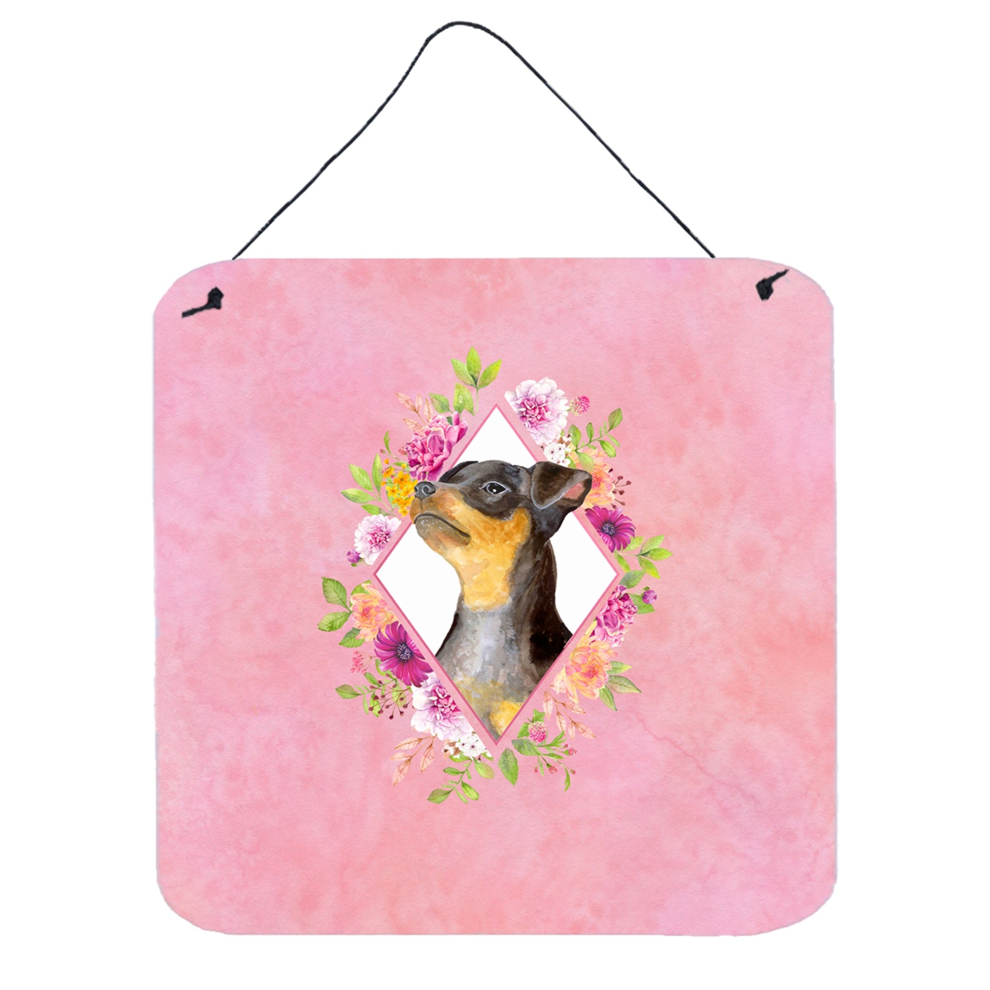 'Caroline'S Treasures Black Miniature Pinscher Pink Flowers Door Hanging Prints Wall-Decor, Multicolor''