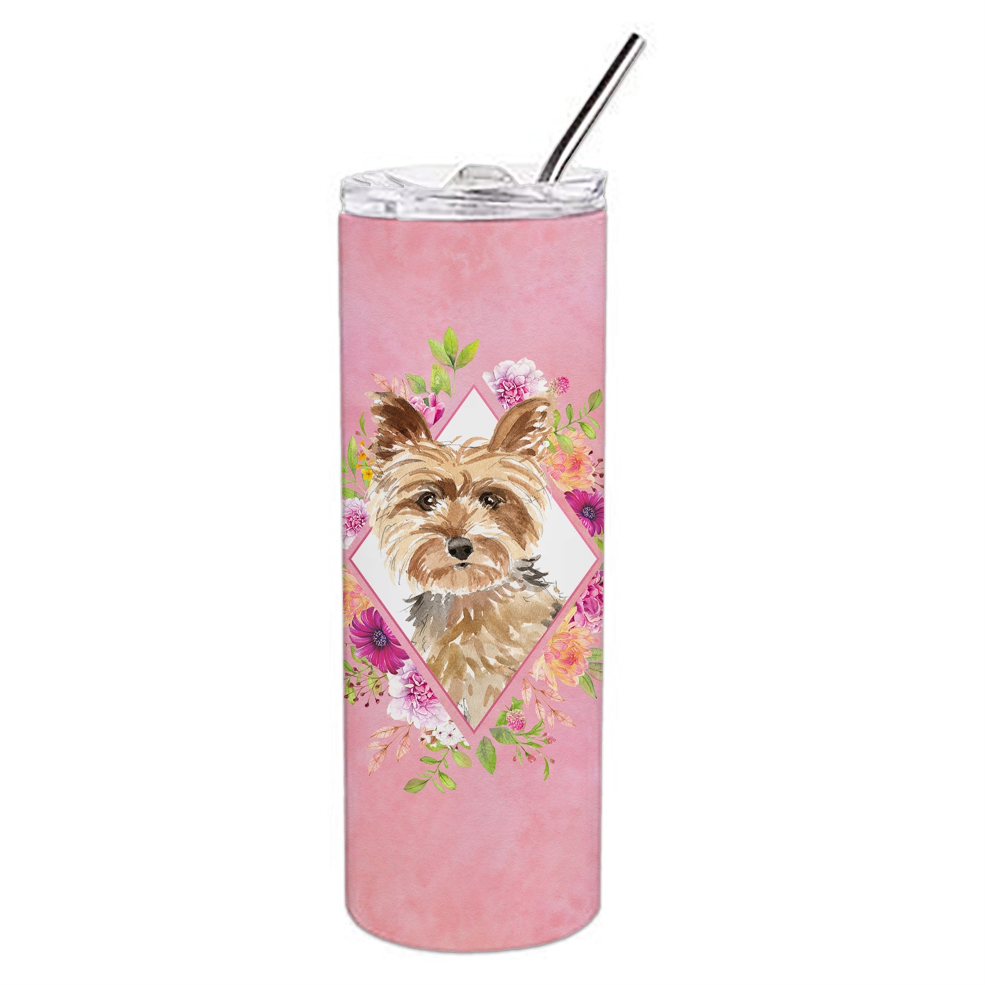 'Caroline'S Treasures Yorkie Pink Flowers Double Walled Stainless Steel 20 Oz Skinny Travel-Insulated-Tumblers, Multicolor''