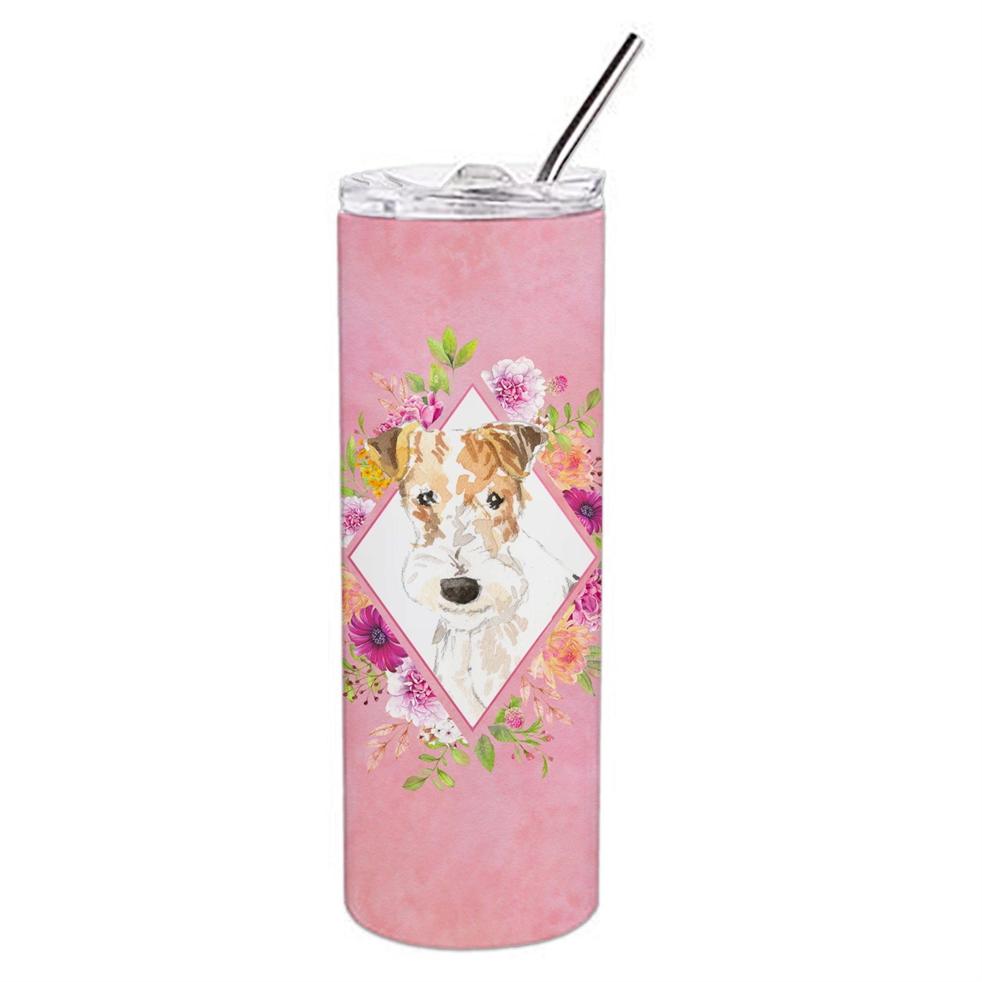 'Caroline'S Treasures Fox Terrier Pink Flowers Double Walled Stainless Steel 20 Oz Skinny Travel-Insulated-Tumblers, Multicolor