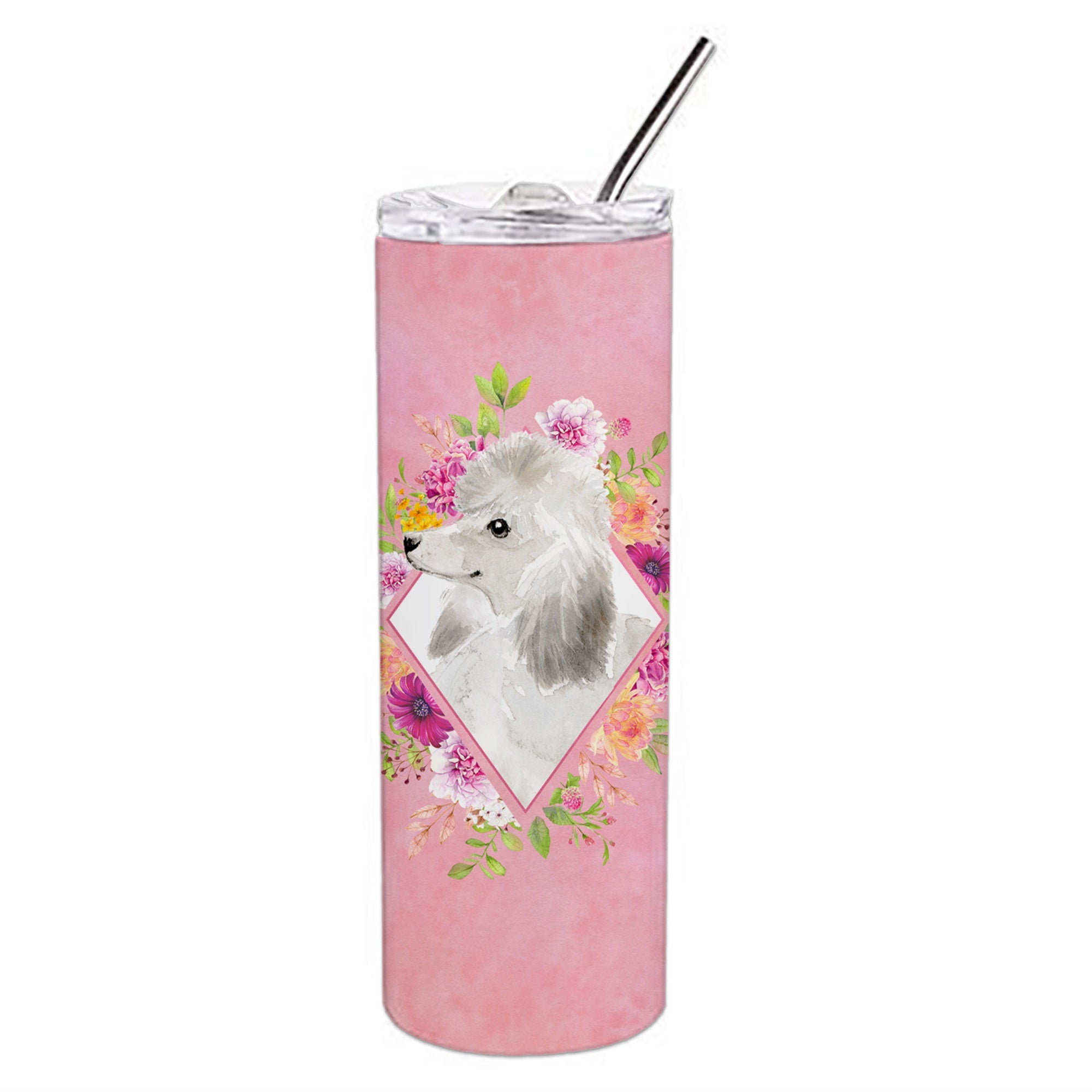 'Caroline'S Treasures White Standard Poodle Pink Flowers Double Walled Stainless Steel 20 Oz Skinny Travel-Insulated-Tumblers,