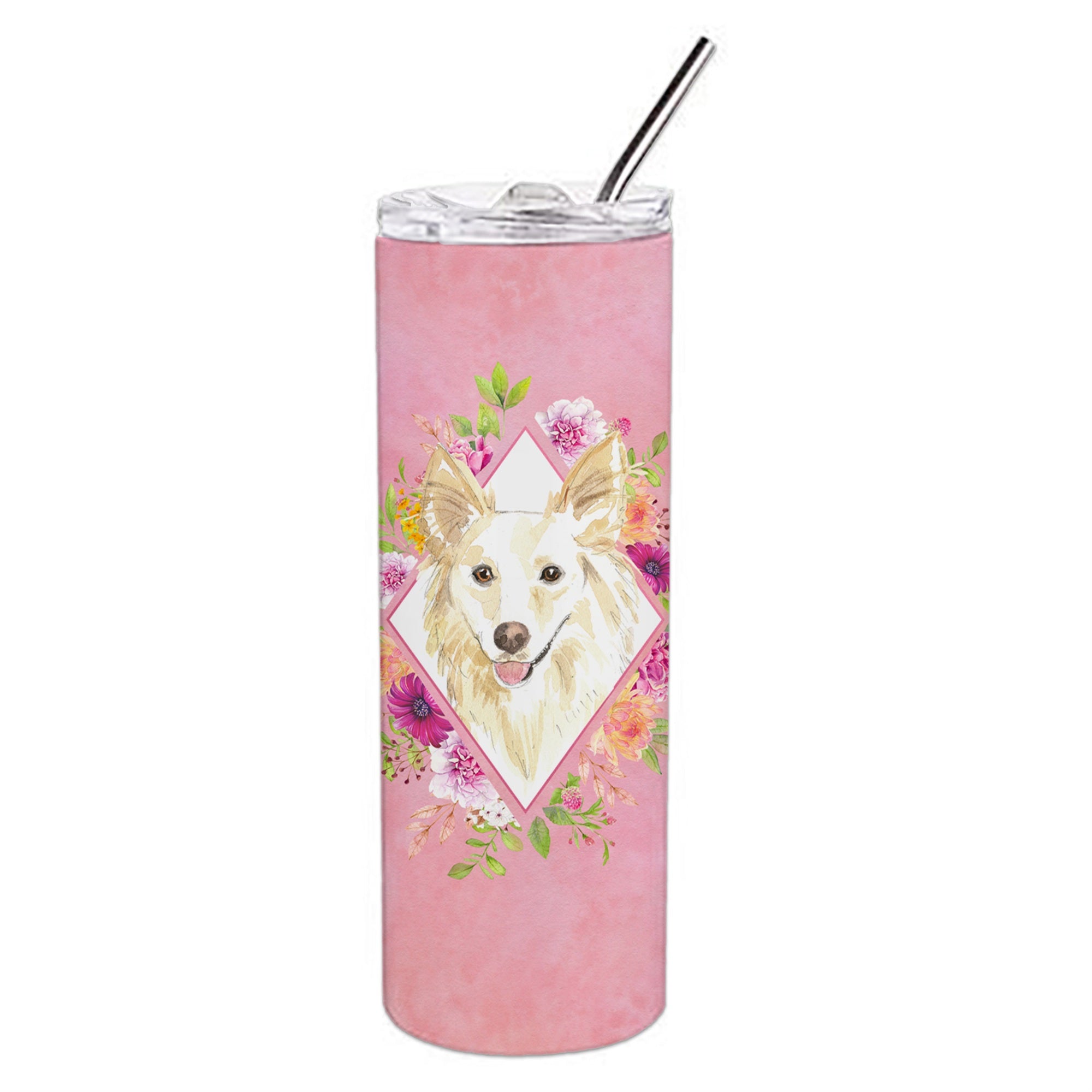 'Caroline'S Treasures White Collie Pink Flowers Double Walled Stainless Steel 20 Oz Skinny Travel-Insulated-Tumblers, Multicolo