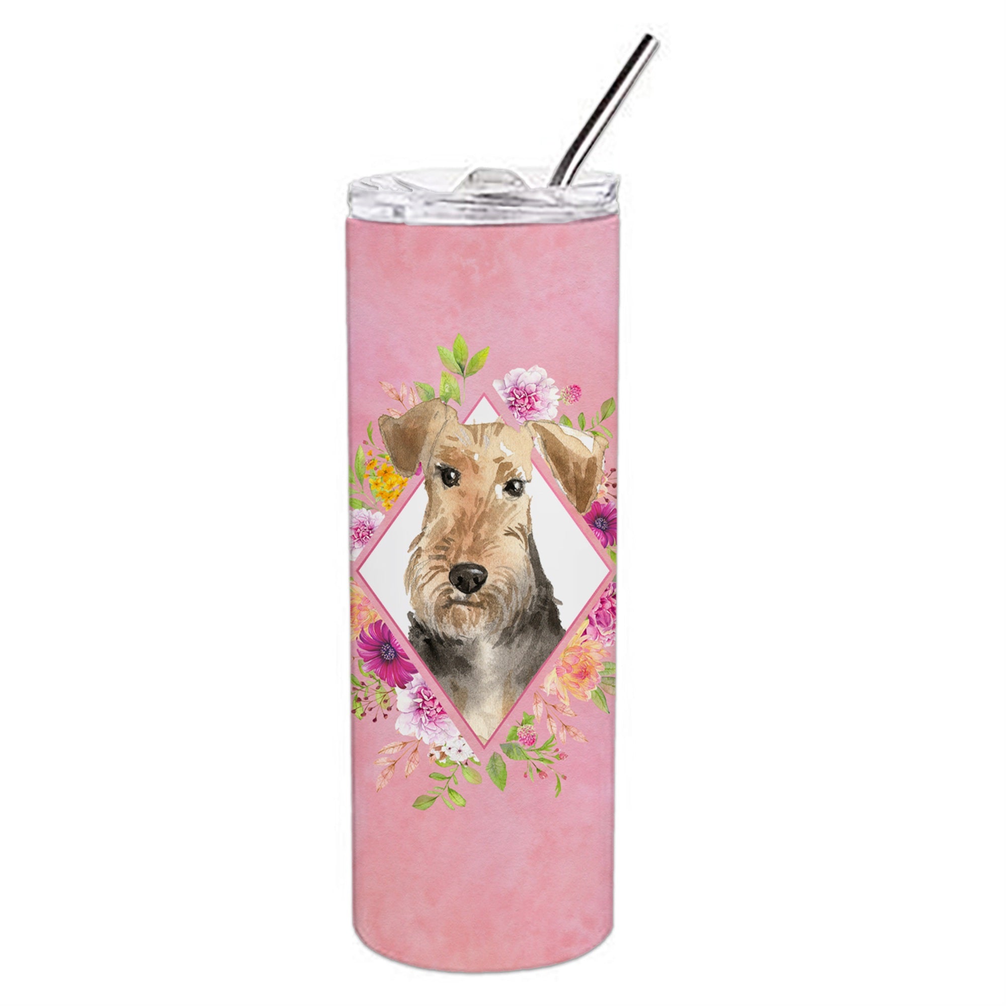 'Caroline'S Treasures Airedale Terrier Pink Flowers Double Walled Stainless Steel 20 Oz Skinny Travel-Insulated-Tumblers, Multi