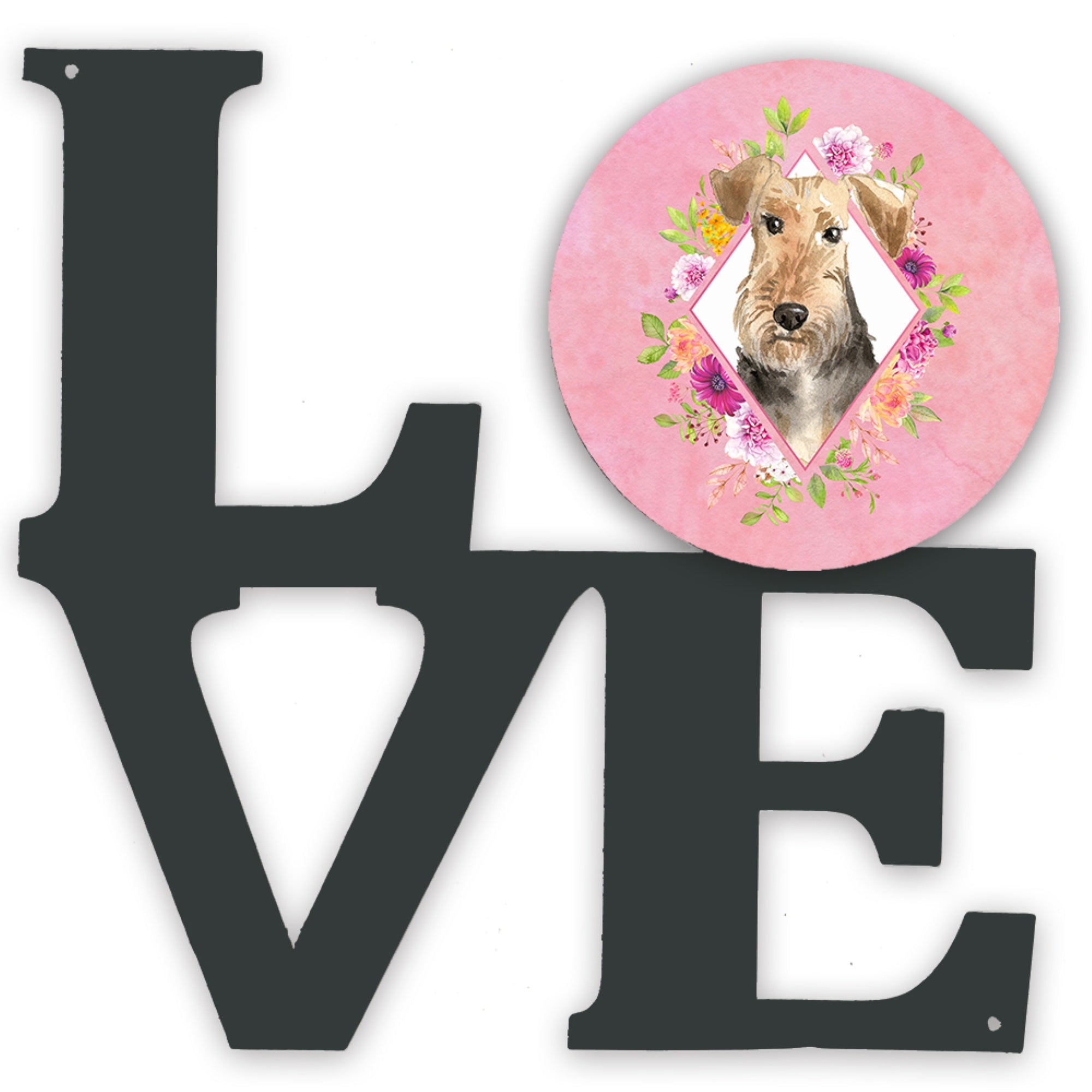 'Caroline'S Treasures Airedale Terrier Pink Flowers Metal Artwork Love Wall-Decor, Multicolor''