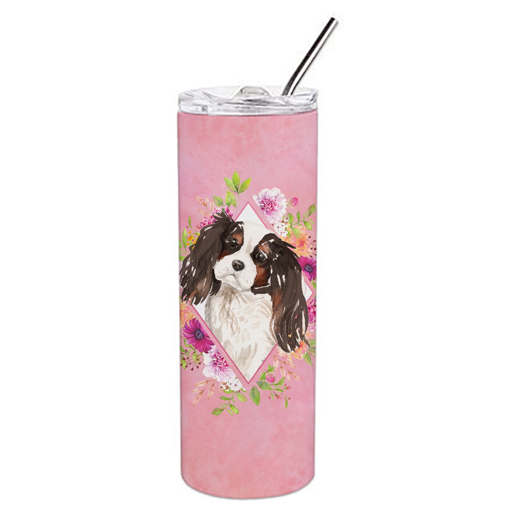 'Caroline'S Treasures Tricolor Cavalier Spaniel Pink Flowers Stainless Steel 20 Oz Skinny Travel-Insulated-Tumblers, Multicolor