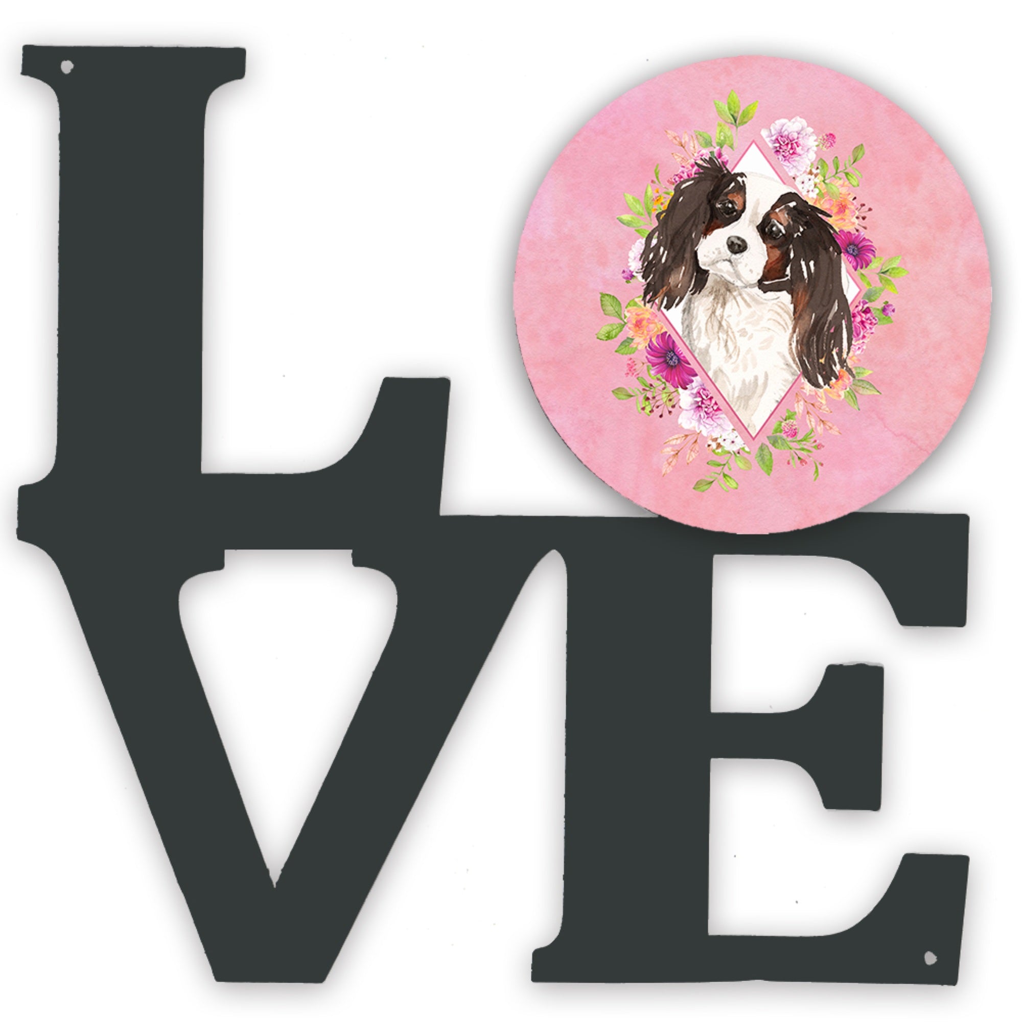 'Caroline'S Treasures Tricolor Cavalier Spaniel Pink Flowers Metal Artwork Love Wall-Decor, Multicolor''