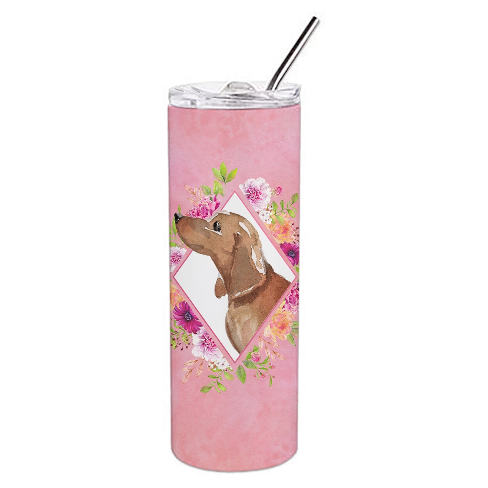 'Caroline'S Treasures Dachshund Pink Flowers Double Walled Stainless Steel 20 Oz Skinny Travel-Insulated-Tumblers, Multicolor''