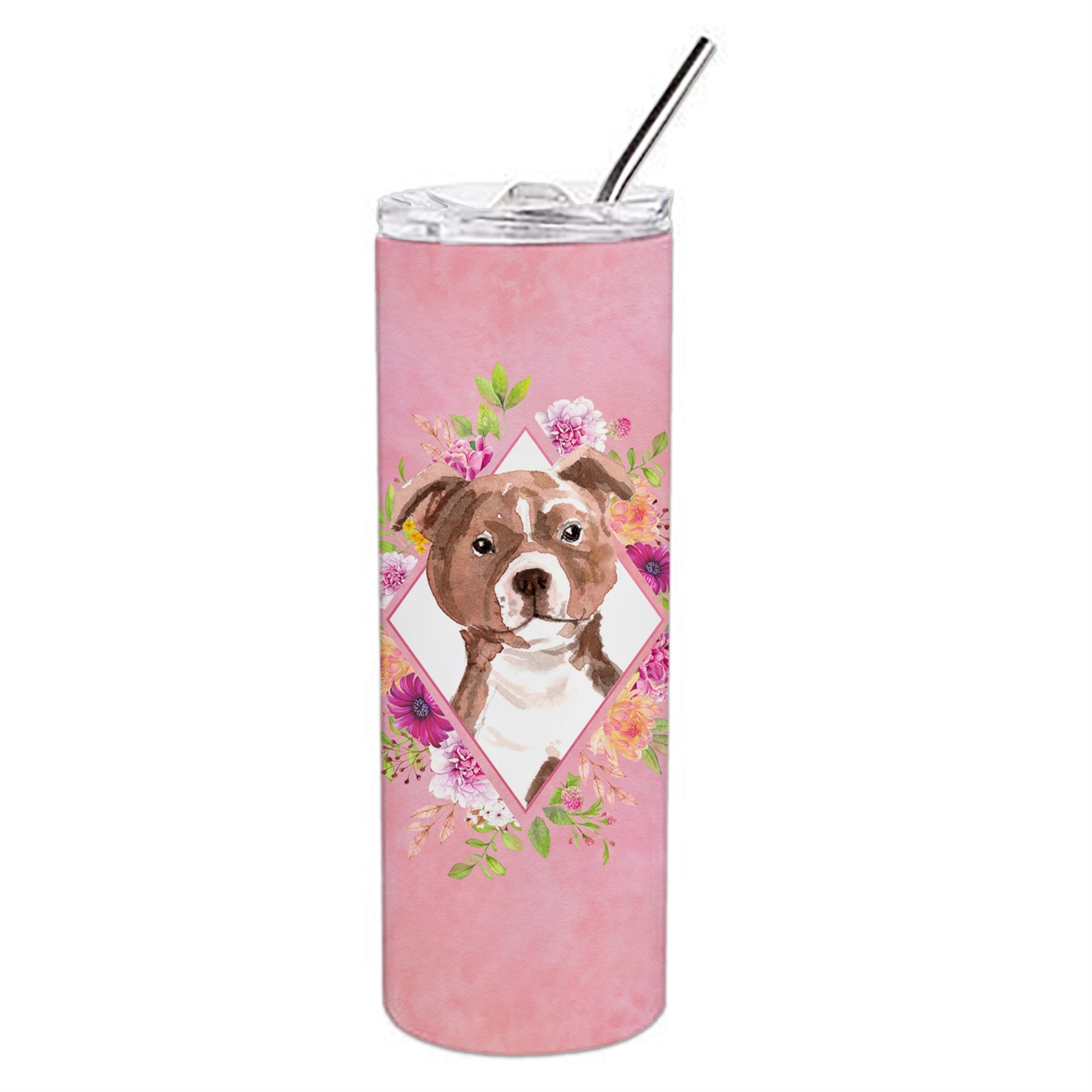 'Caroline'S Treasures Staffie Bull Terrier Pink Flowers Double Walled Stainless Steel 20 Oz Skinny Travel-Insulated-Tumblers, M