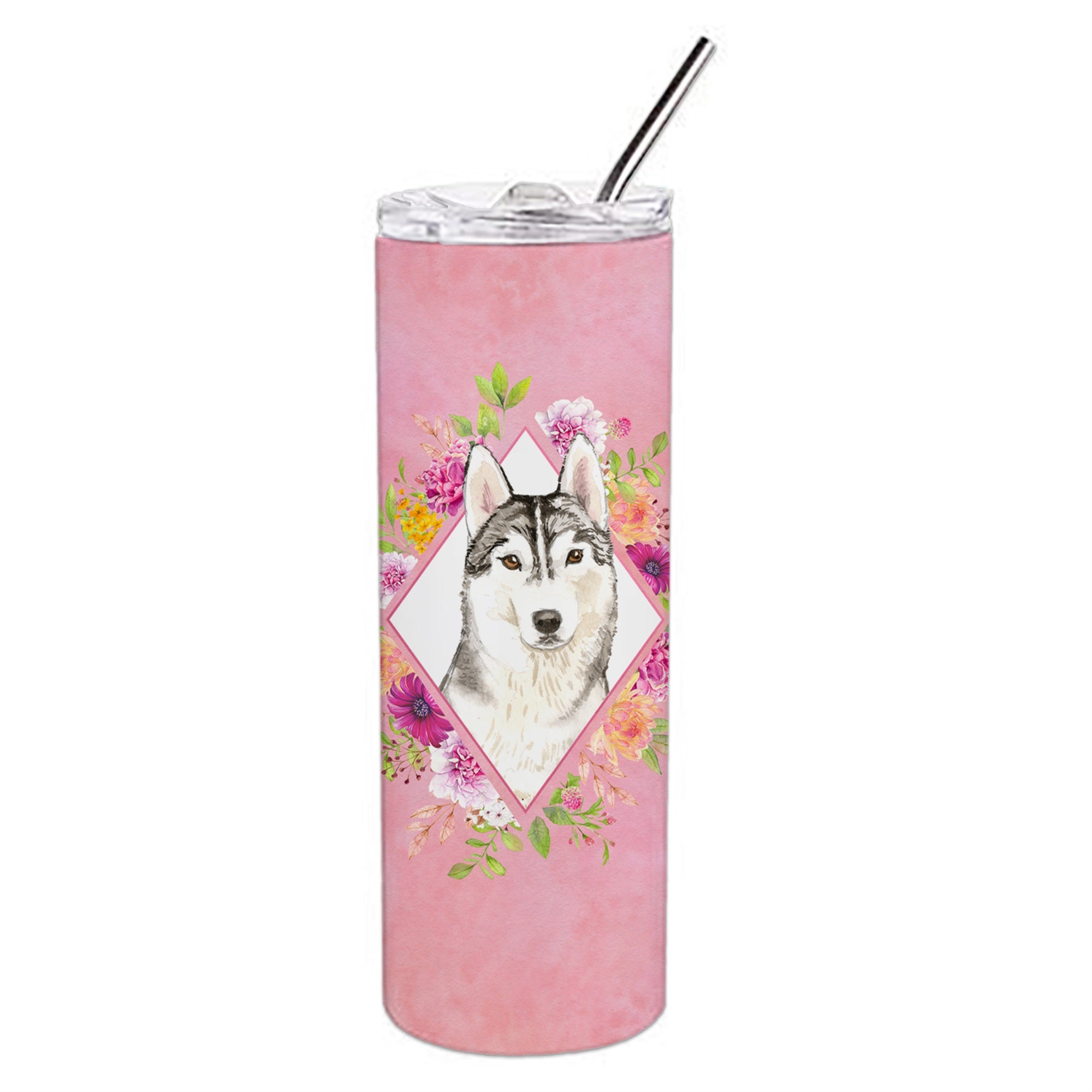 'Caroline'S Treasures Siberian Husky Pink Flowers Double Walled Stainless Steel 20 Oz Skinny Travel-Insulated-Tumblers, Multico