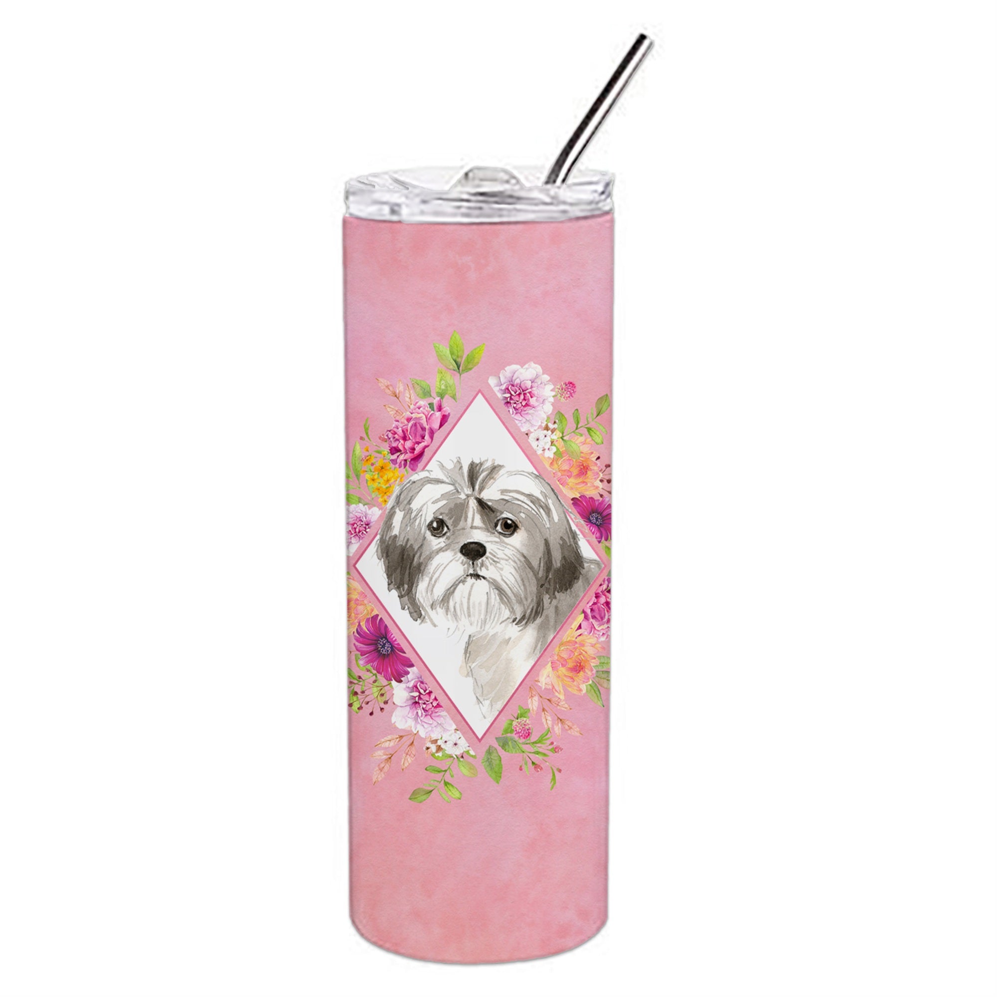 'Caroline'S Treasures Shih Tzu Puppy Pink Flowers Double Walled Stainless Steel 20 Oz Skinny Travel-Insulated-Tumblers, Multico