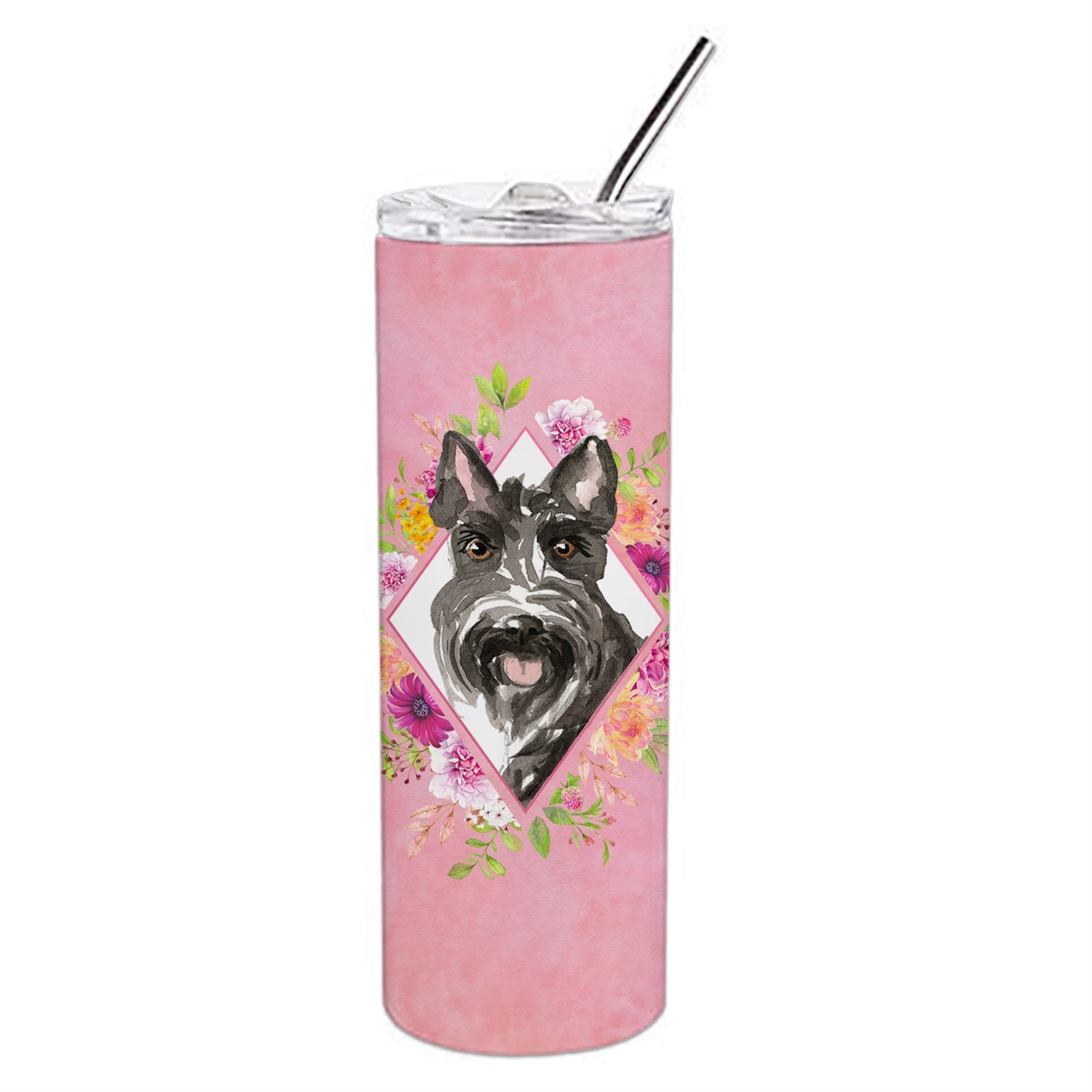 'Caroline'S Treasures Scottish Terrier Pink Flowers Double Walled Stainless Steel 20 Oz Skinny Travel-Insulated-Tumblers, Multi
