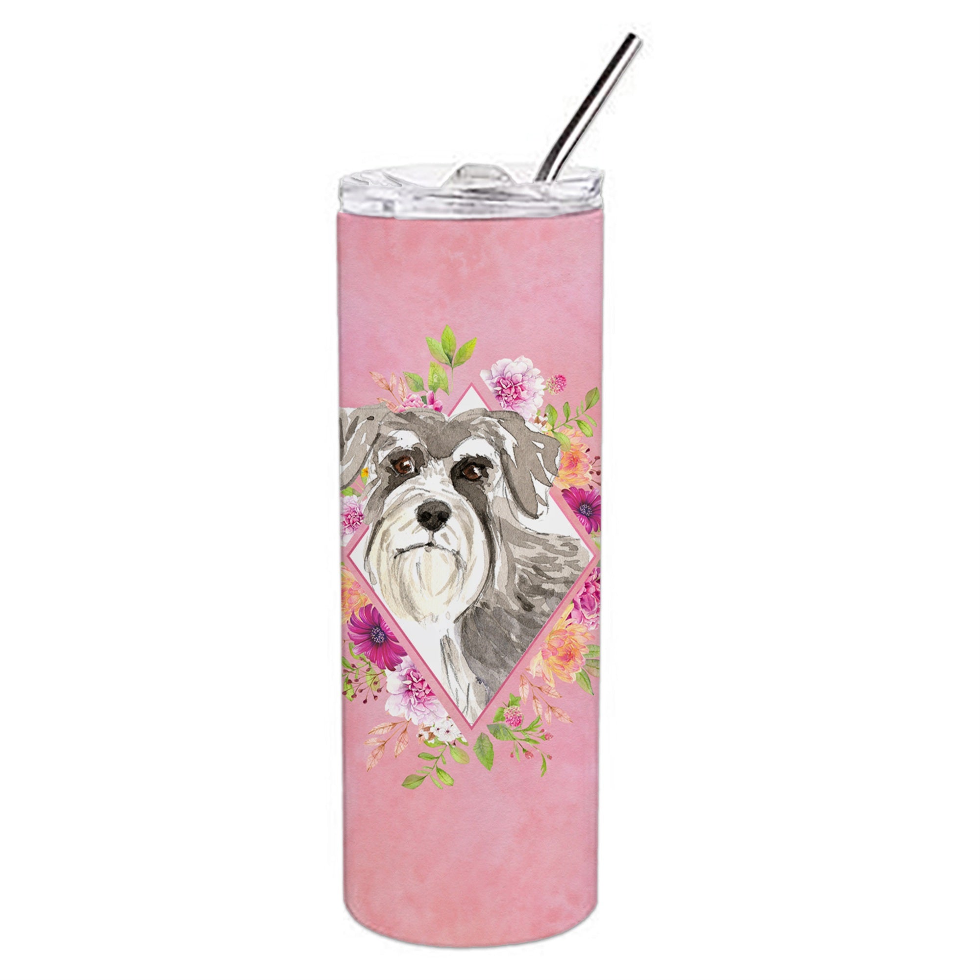 'Caroline'S Treasures Schnauzer #1 Pink Flowers Double Walled Stainless Steel 20 Oz Skinny Travel-Insulated-Tumblers, Multicolo