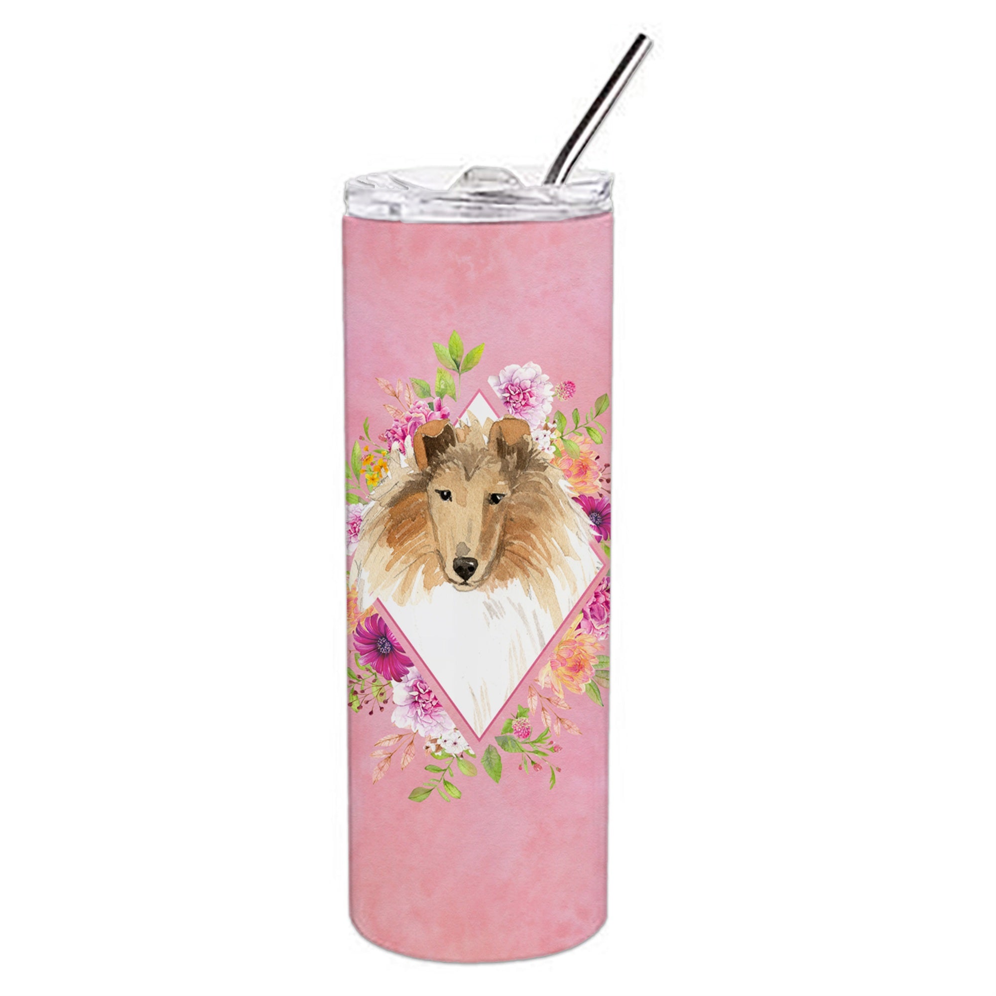 'Caroline'S Treasures Collie Pink Flowers Double Walled Stainless Steel 20 Oz Skinny Travel-Insulated-Tumblers, Multicolor''