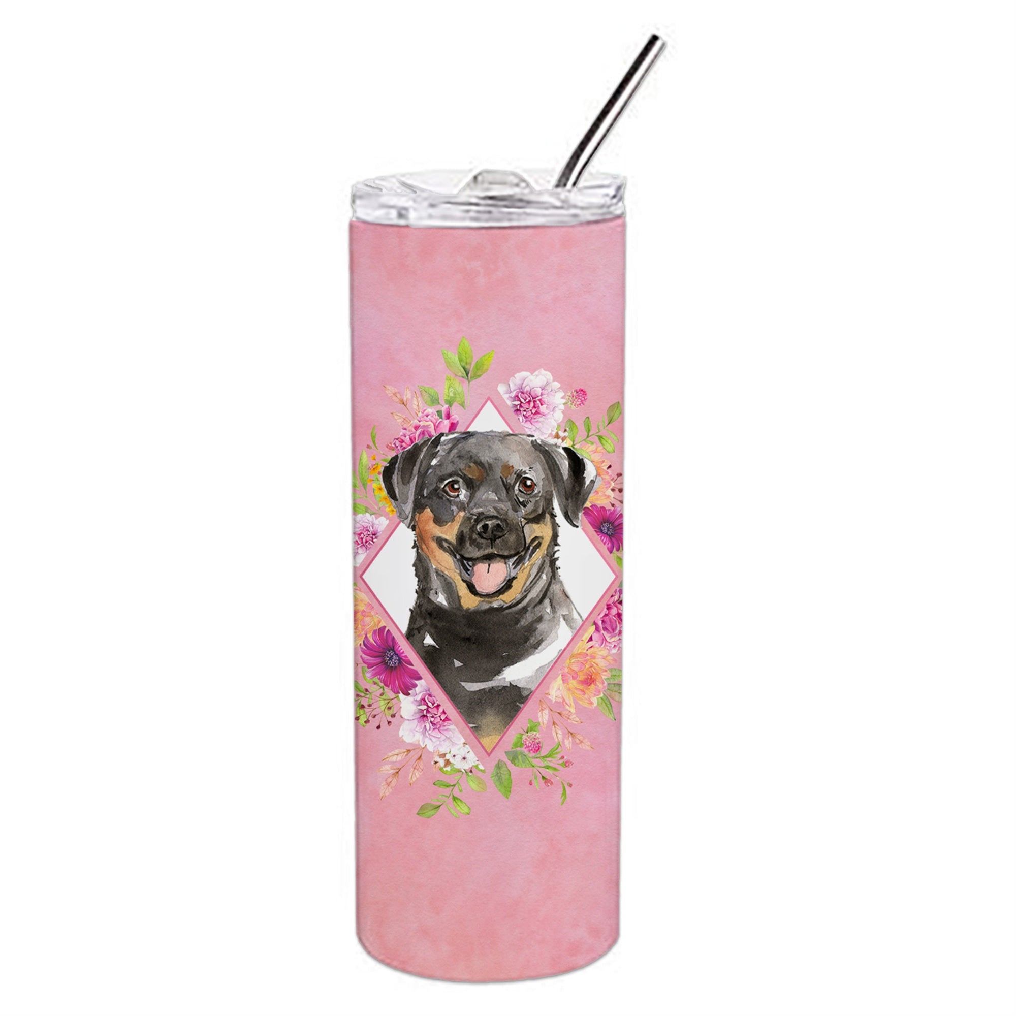 'Caroline'S Treasures Rottweiler Pink Flowers Double Walled Stainless Steel 20 Oz Skinny Travel-Insulated-Tumblers, Multicolor'