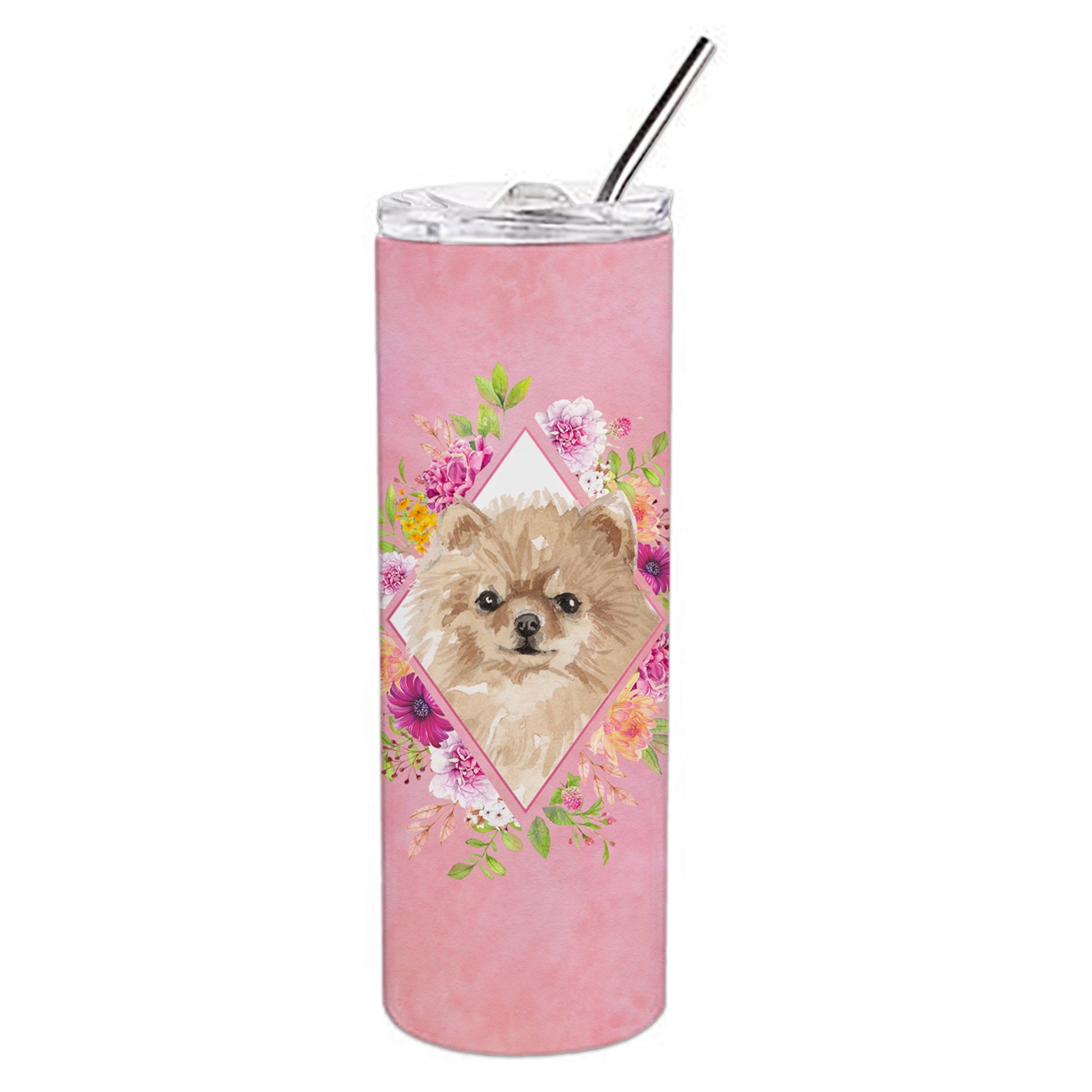 'Caroline'S Treasures Pomeranian Pink Flowers Double Walled Stainless Steel 20 Oz Skinny Travel-Insulated-Tumblers, Multicolor'