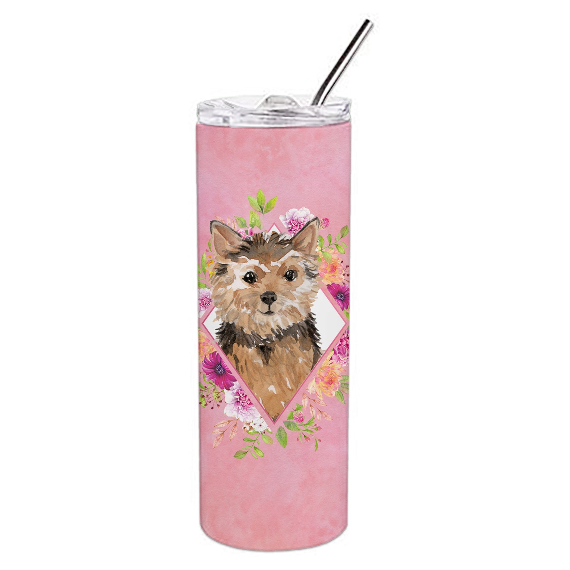 'Caroline'S Treasures Norwich Terrier Pink Flowers Double Walled Stainless Steel 20 Oz Skinny Travel-Insulated-Tumblers, Multic
