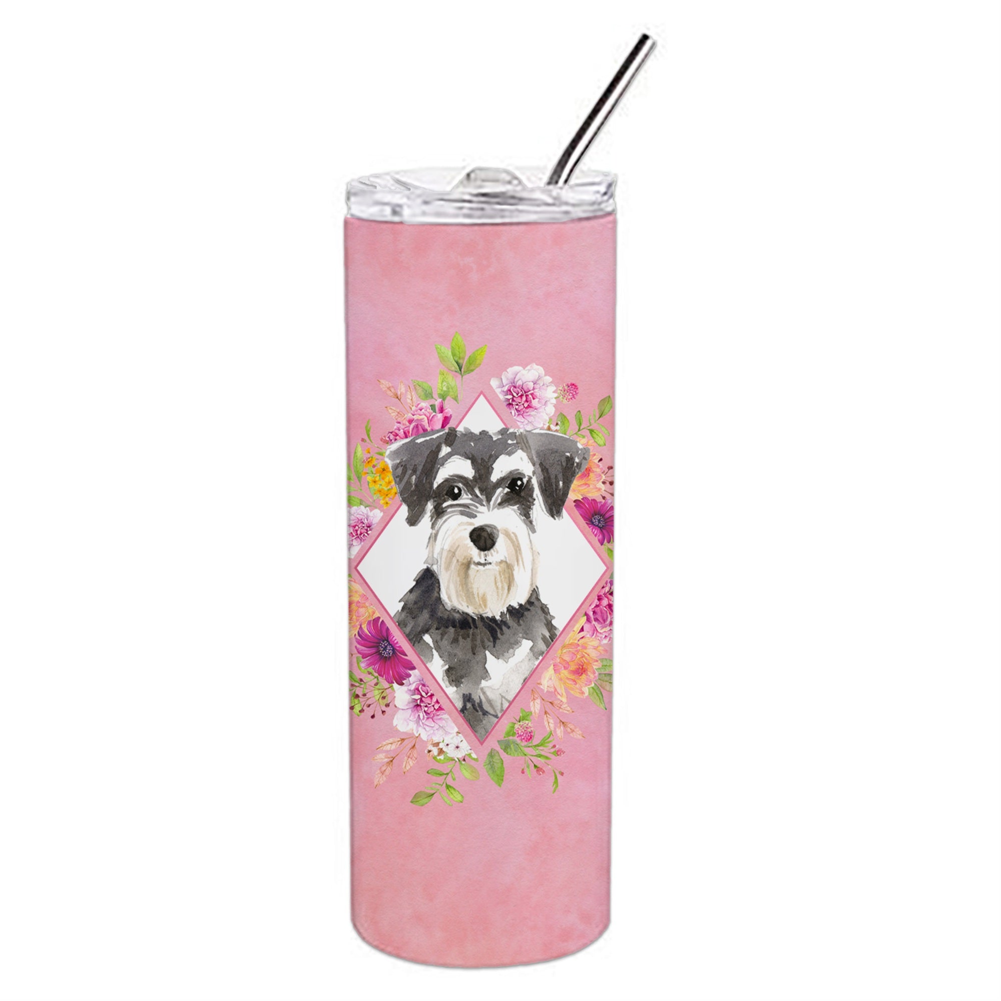 'Caroline'S Treasures Schnauzer #2 Pink Flowers Double Walled Stainless Steel 20 Oz Skinny Travel-Insulated-Tumblers, Multicolo