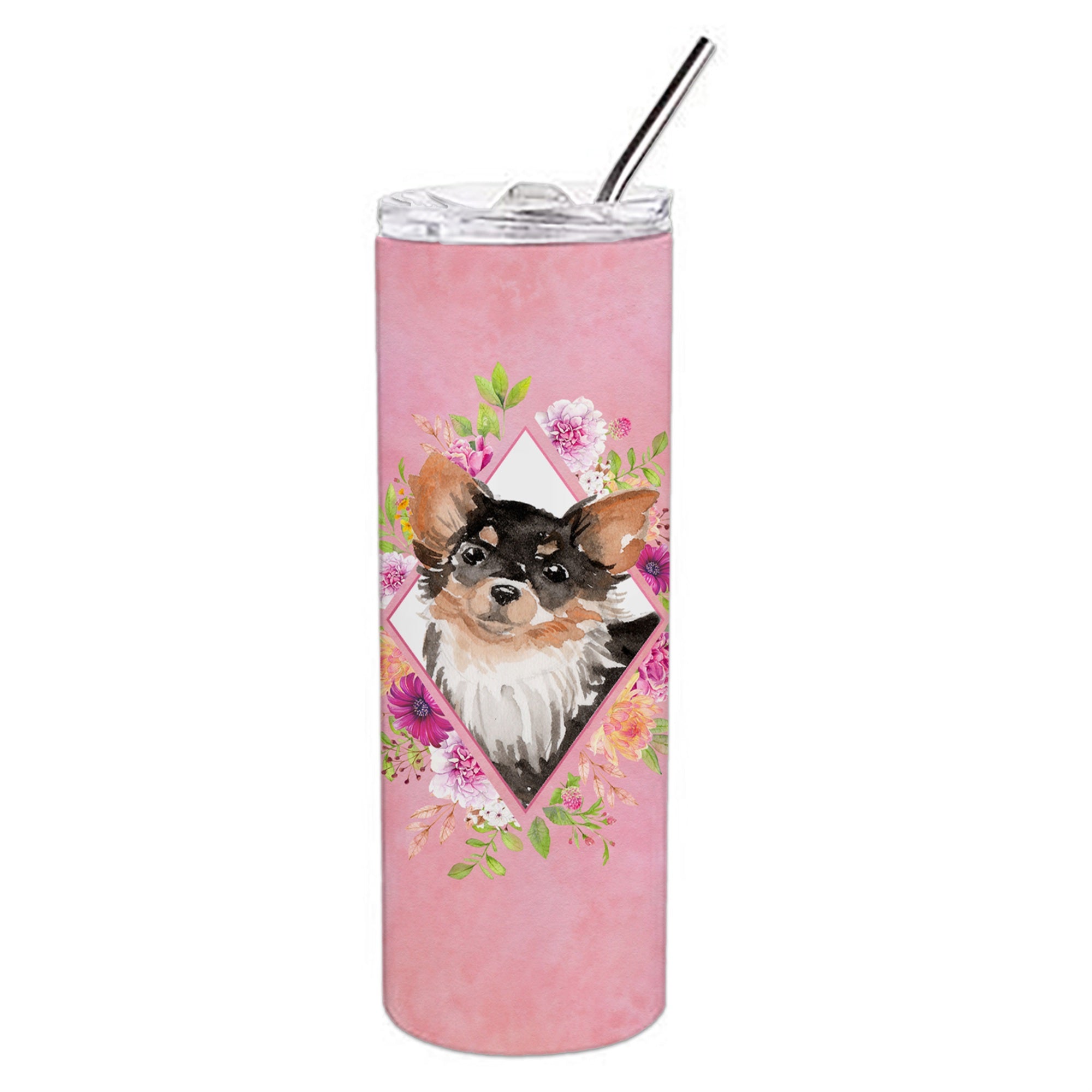 'Caroline'S Treasures Longhaired Chihuahua Pink Flowers Double Walled Stainless Steel 20 Oz Skinny Travel-Insulated-Tumblers, M