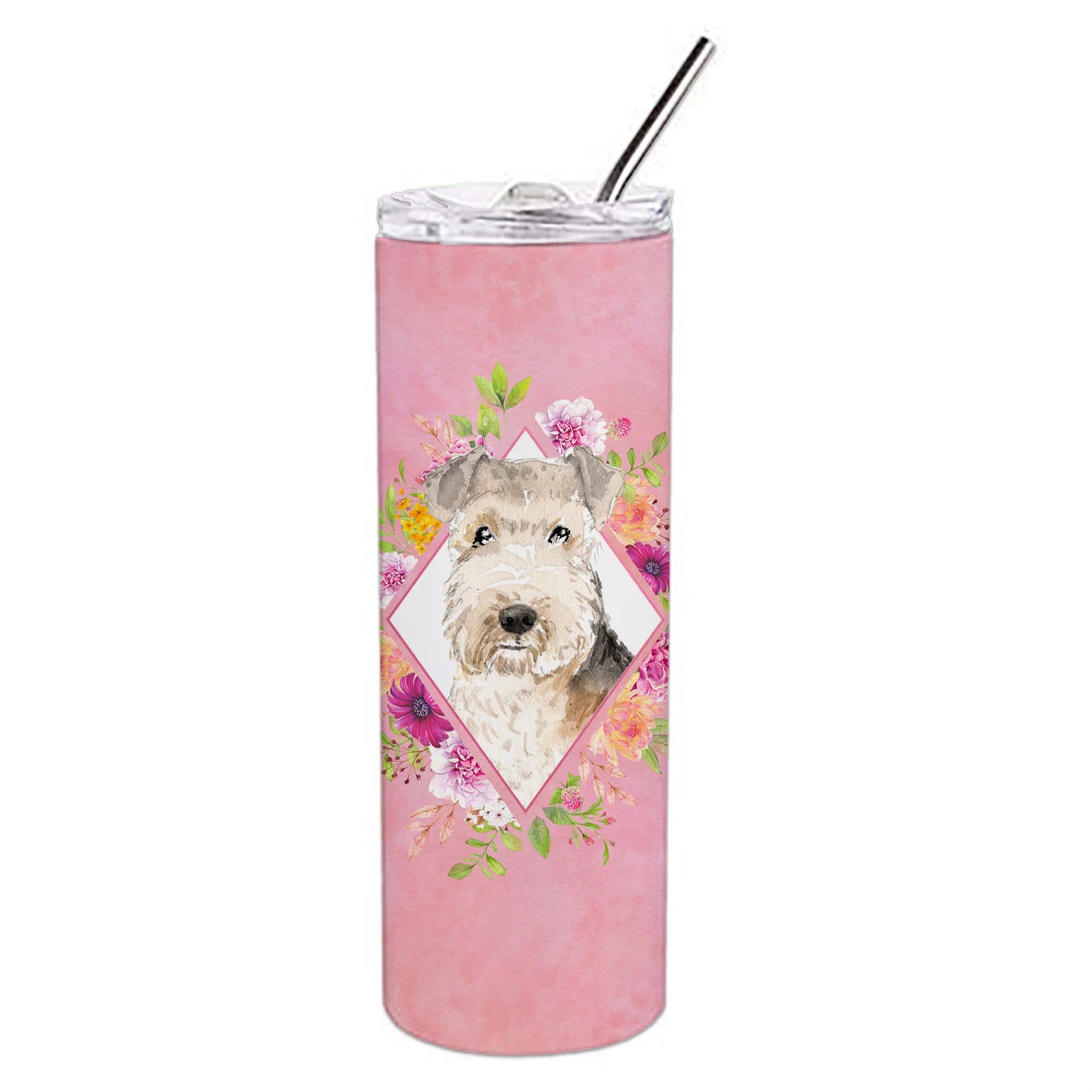 'Caroline'S Treasures Lakeland Terrier Pink Flowers Double Walled Stainless Steel 20 Oz Skinny Travel-Insulated-Tumblers, Multi