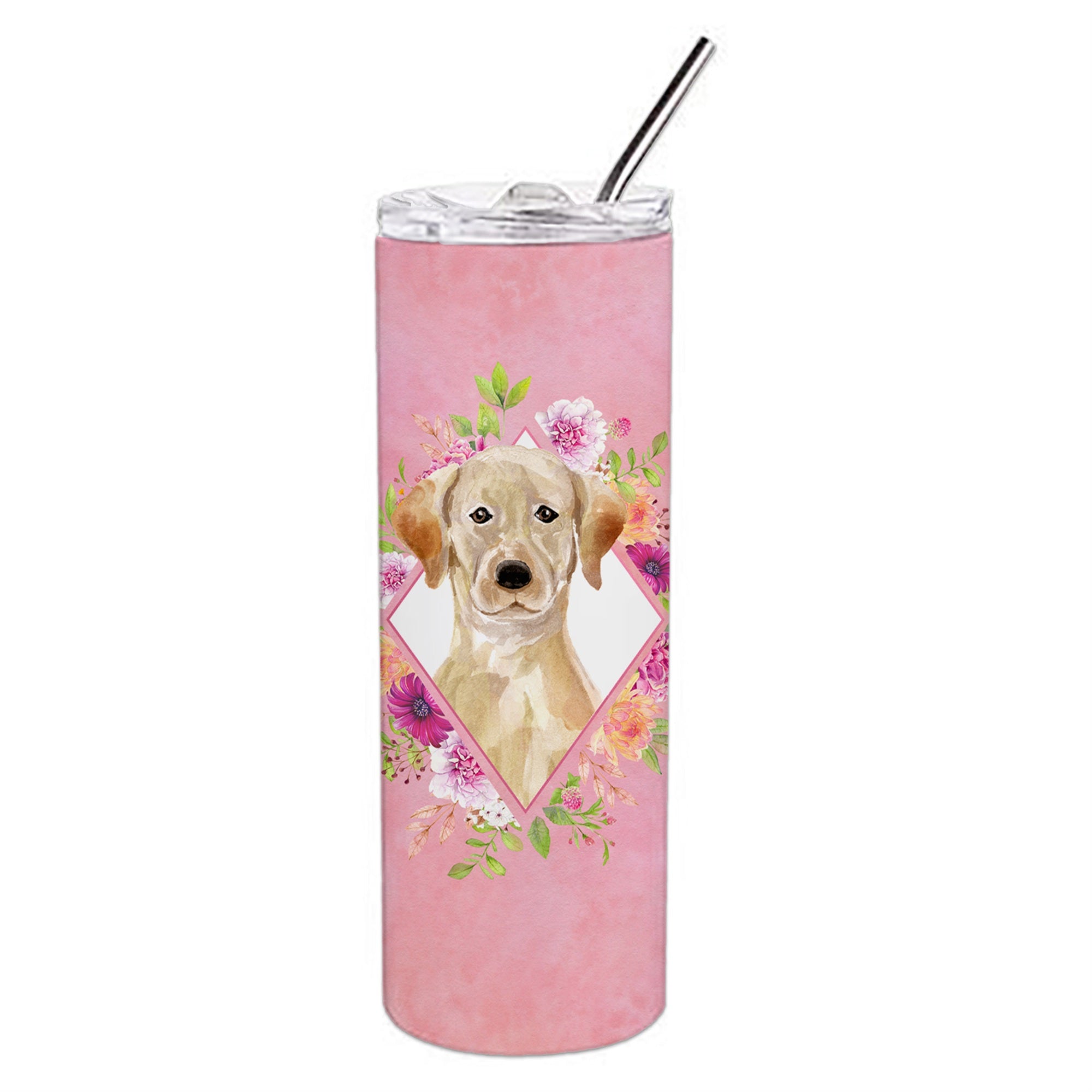 'Caroline'S Treasures Yellow Lab Pink Flowers Double Walled Stainless Steel 20 Oz Skinny Travel-Insulated-Tumblers, Multicolor'