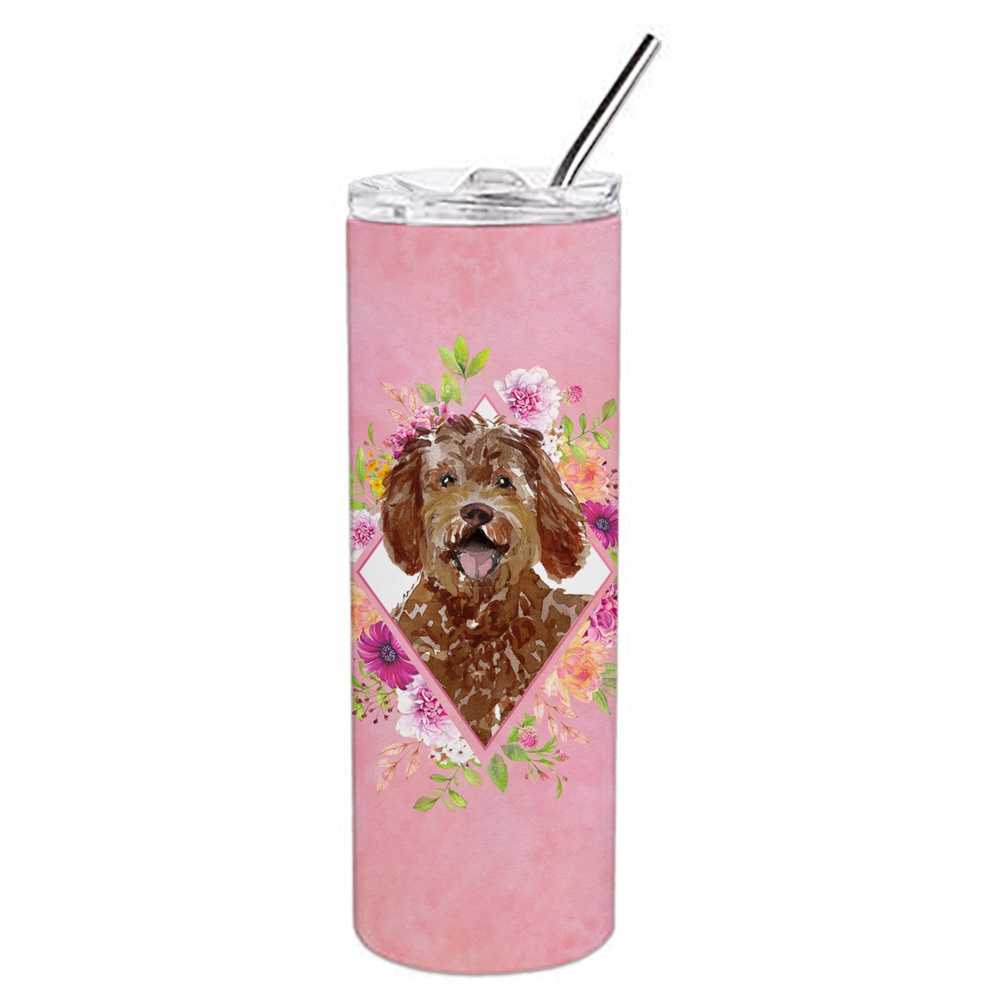 'Caroline'S Treasures Labradoodle Pink Flowers Double Walled Stainless Steel 20 Oz Skinny Travel-Insulated-Tumblers, Multicolor