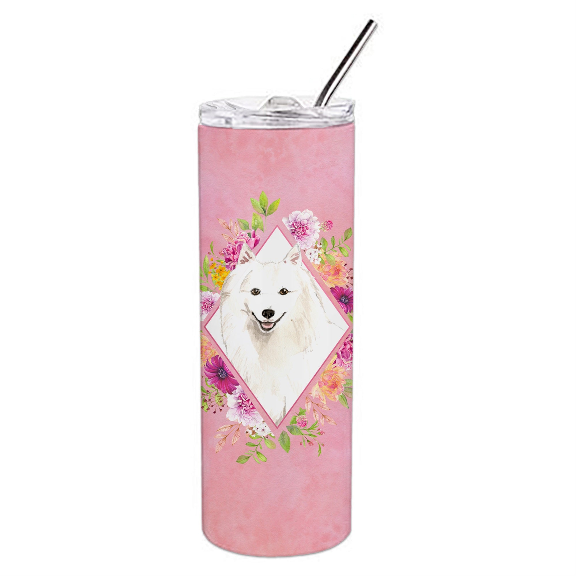 'Caroline'S Treasures Japanese Spitz Pink Flowers Double Walled Stainless Steel 20 Oz Skinny Travel-Insulated-Tumblers, Multico
