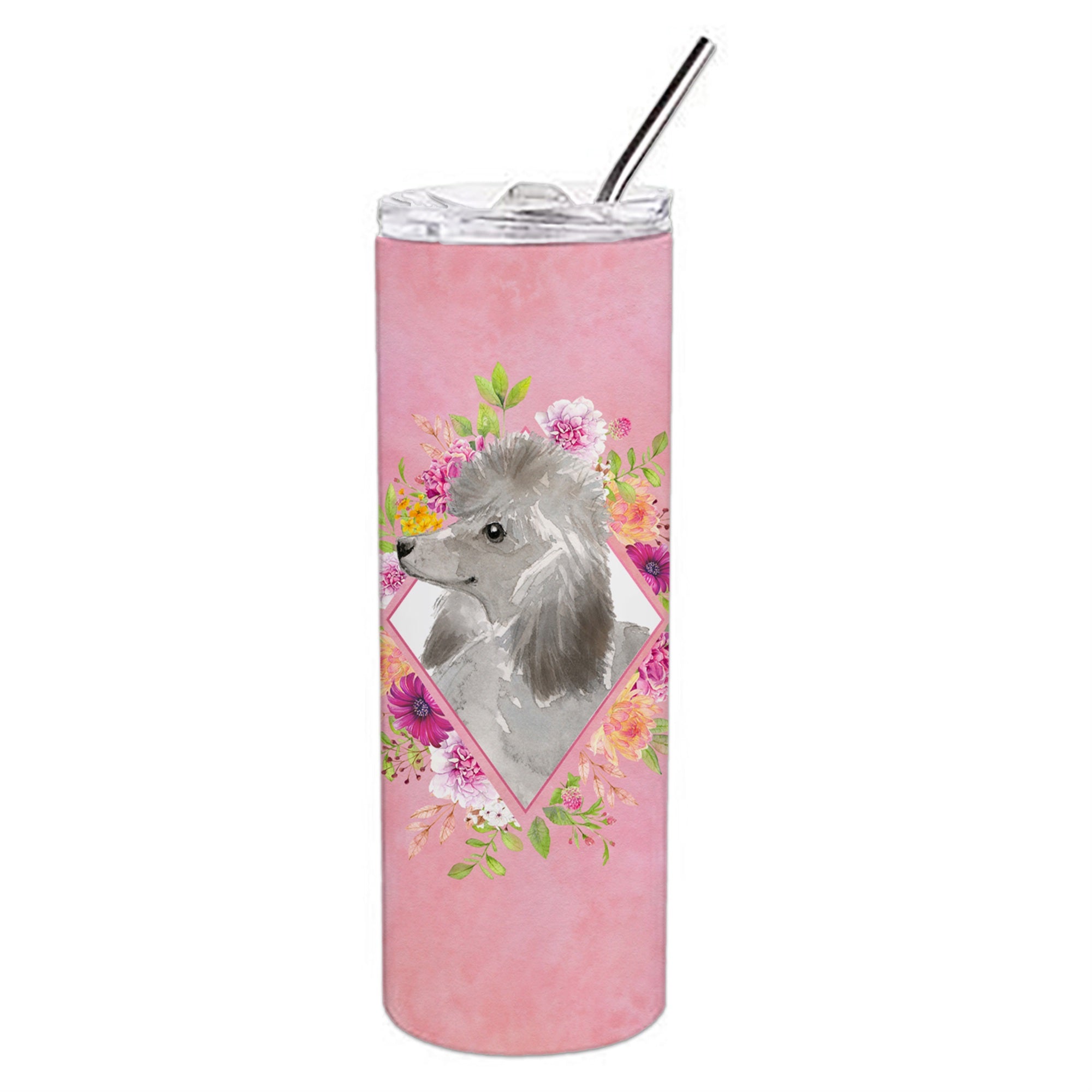 'Caroline'S Treasures Grey Standard Poodle Pink Flowers Double Walled Stainless Steel 20 Oz Skinny Travel-Insulated-Tumblers, M