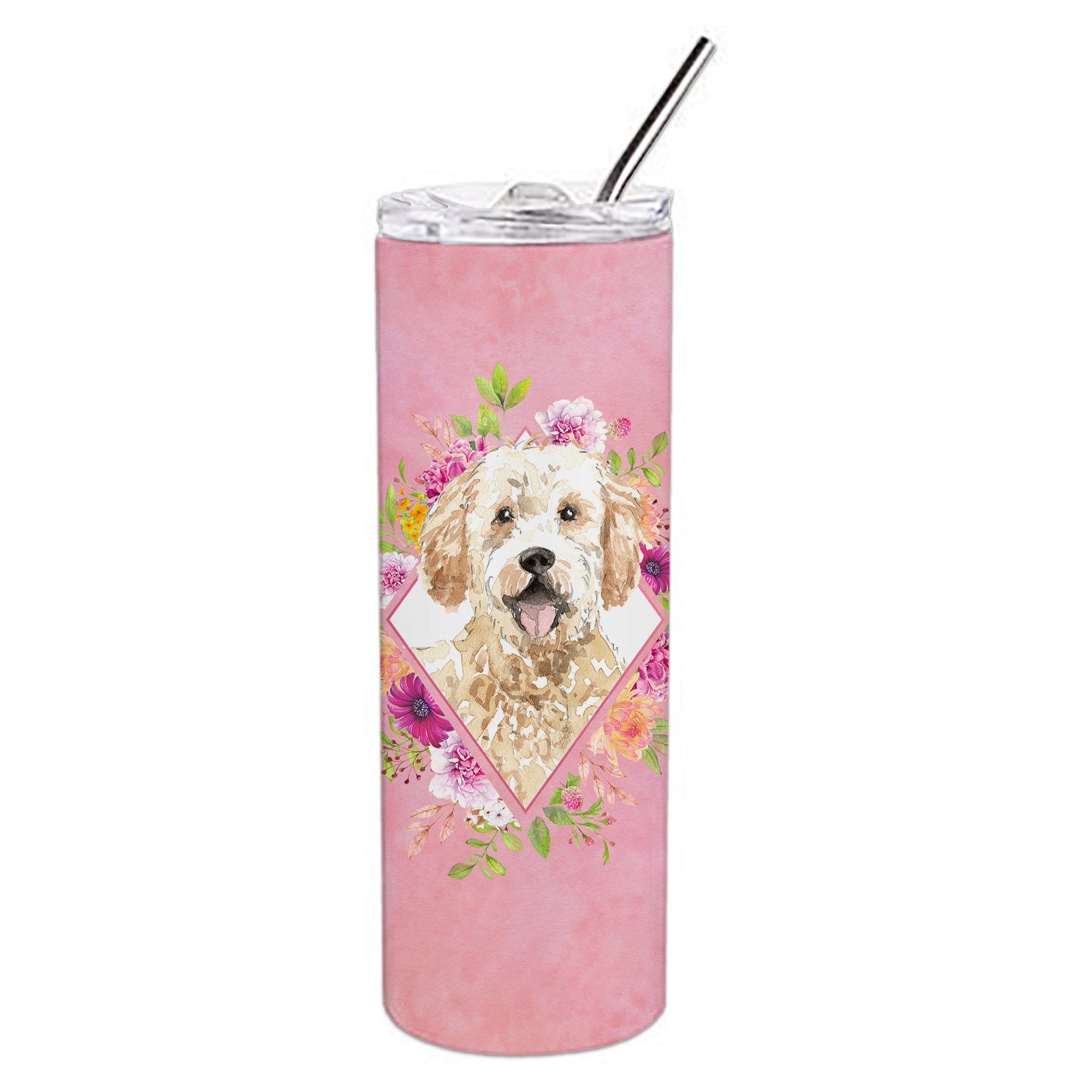 'Caroline'S Treasures Goldendoodle Pink Flowers Double Walled Stainless Steel 20 Oz Skinny Travel-Insulated-Tumblers, Multicolo