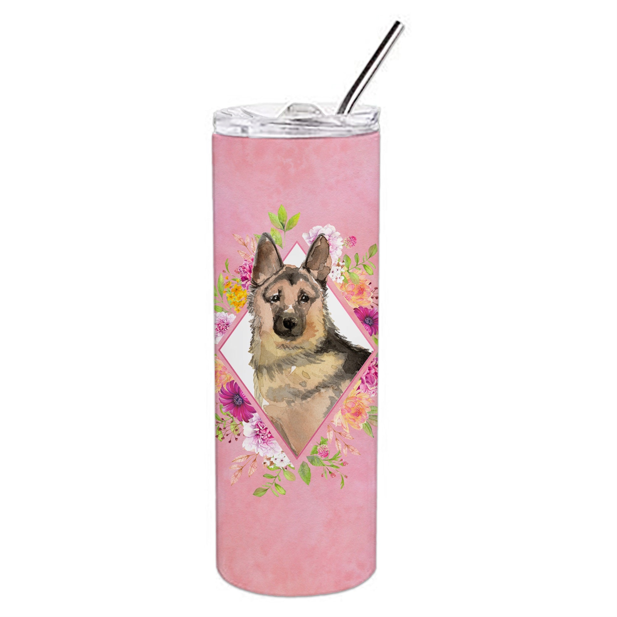 'Caroline'S Treasures German Shepherd Pink Flowers Double Walled Stainless Steel 20 Oz Skinny Travel-Insulated-Tumblers, Multic