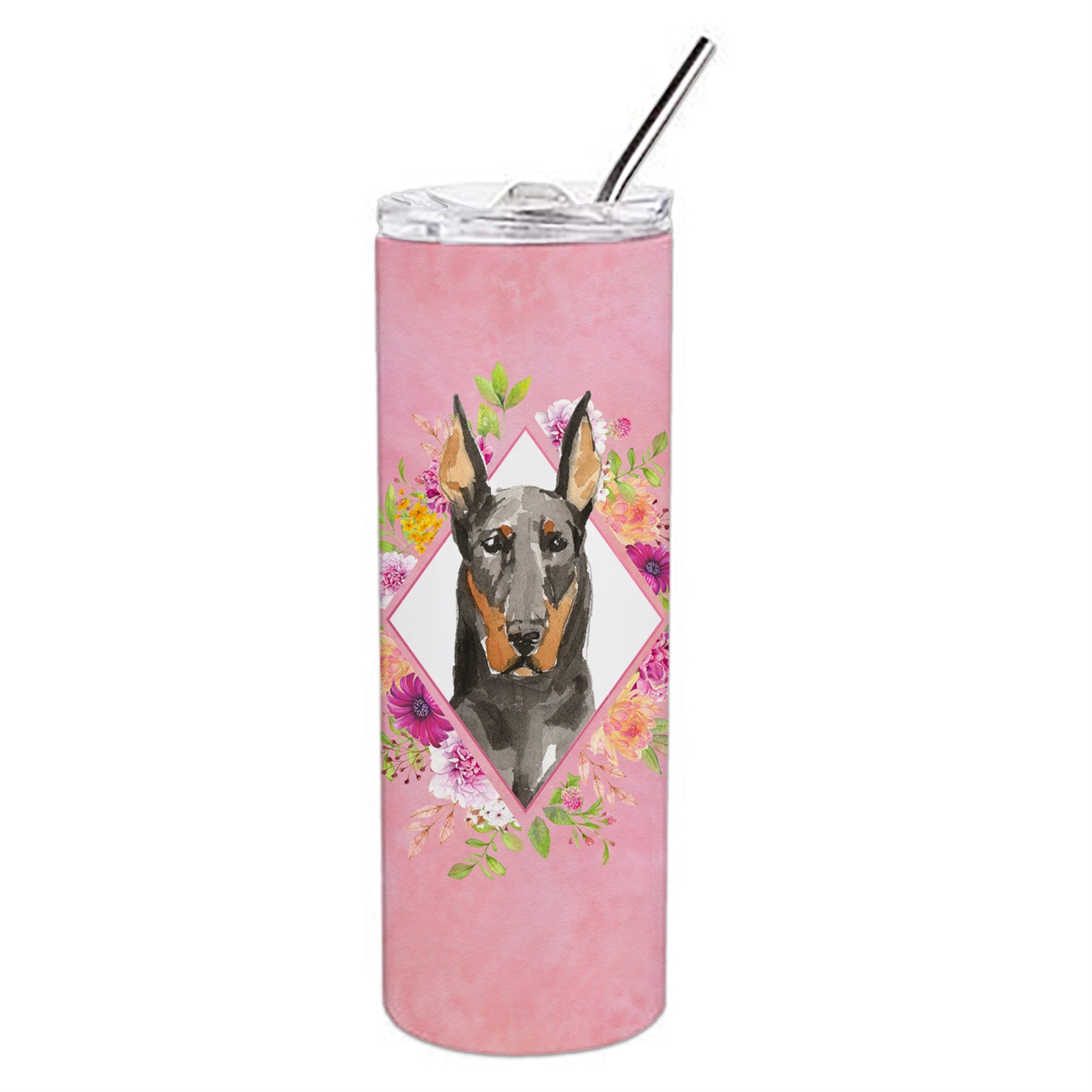 'Caroline'S Treasures Doberman Pinsher Pink Flowers Double Walled Stainless Steel 20 Oz Skinny Travel-Insulated-Tumblers, Multi