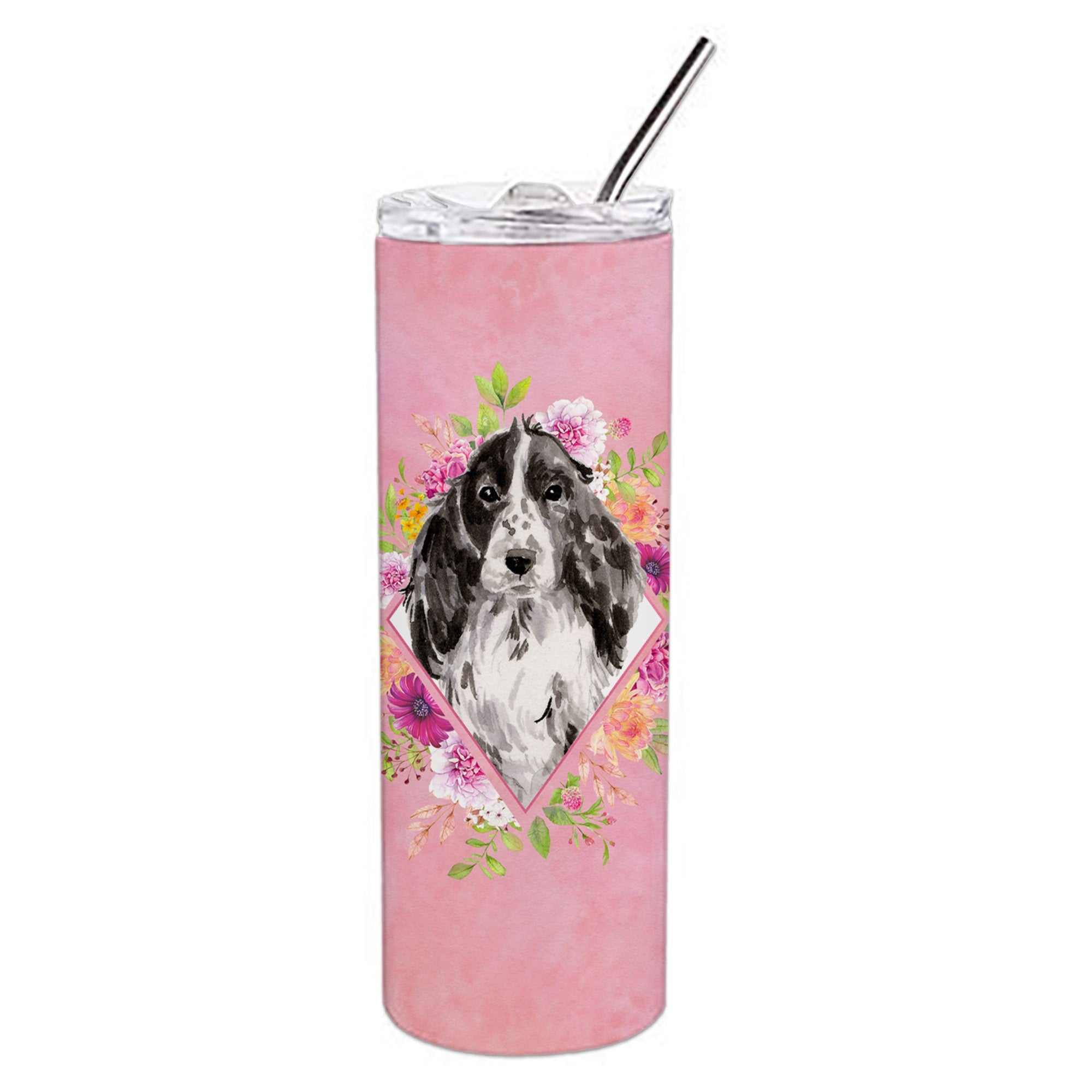 Black Parti Cocker Spaniel Pink Flowers Double Walled Stainless Steel 20 Oz Skinny Tumbler Ck4244Tbl20