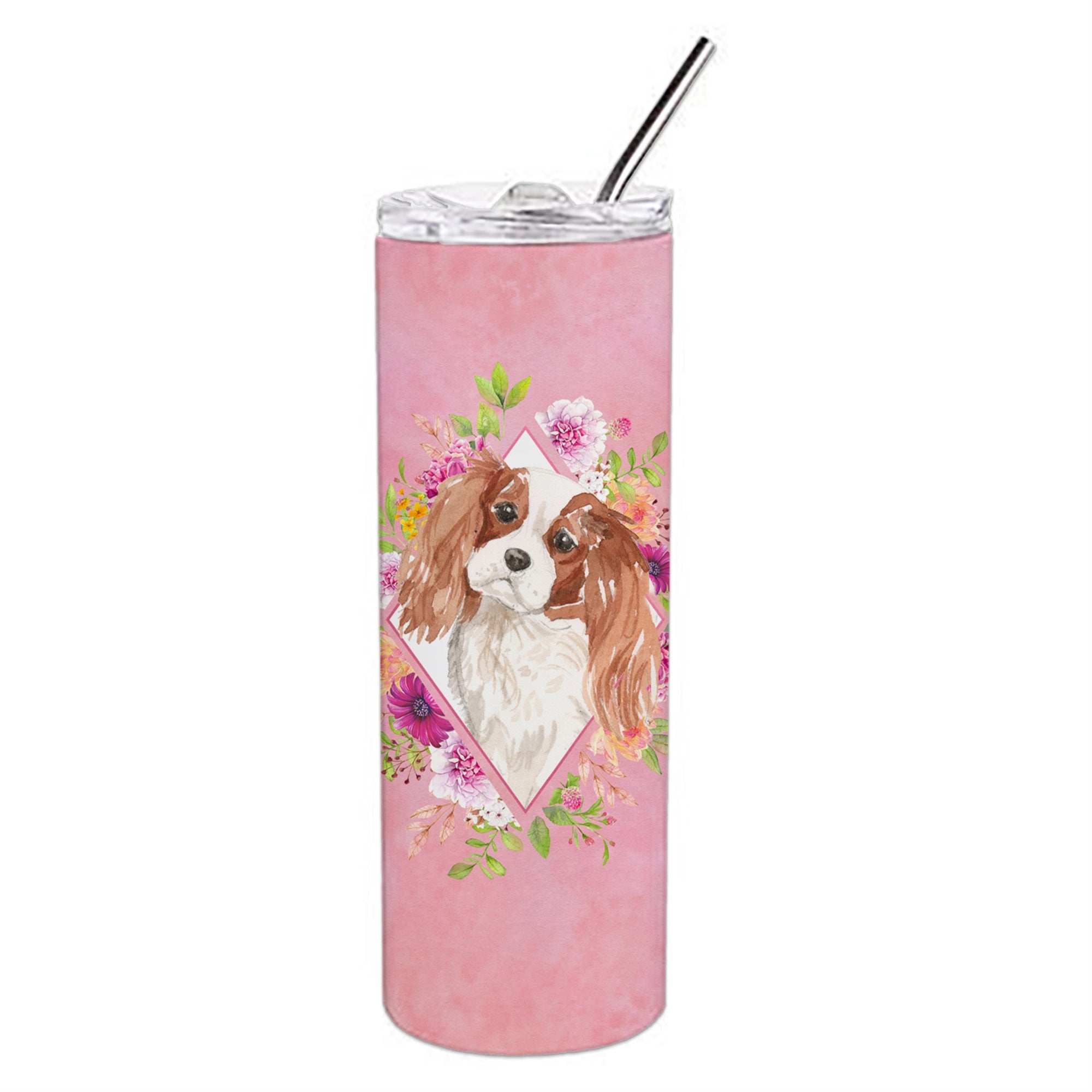 'Caroline'S Treasures Blenheim Cavalier Spaniel Pink Flowers Stainless Steel 20 Oz Skinny Travel-Insulated-Tumblers, Multicolor