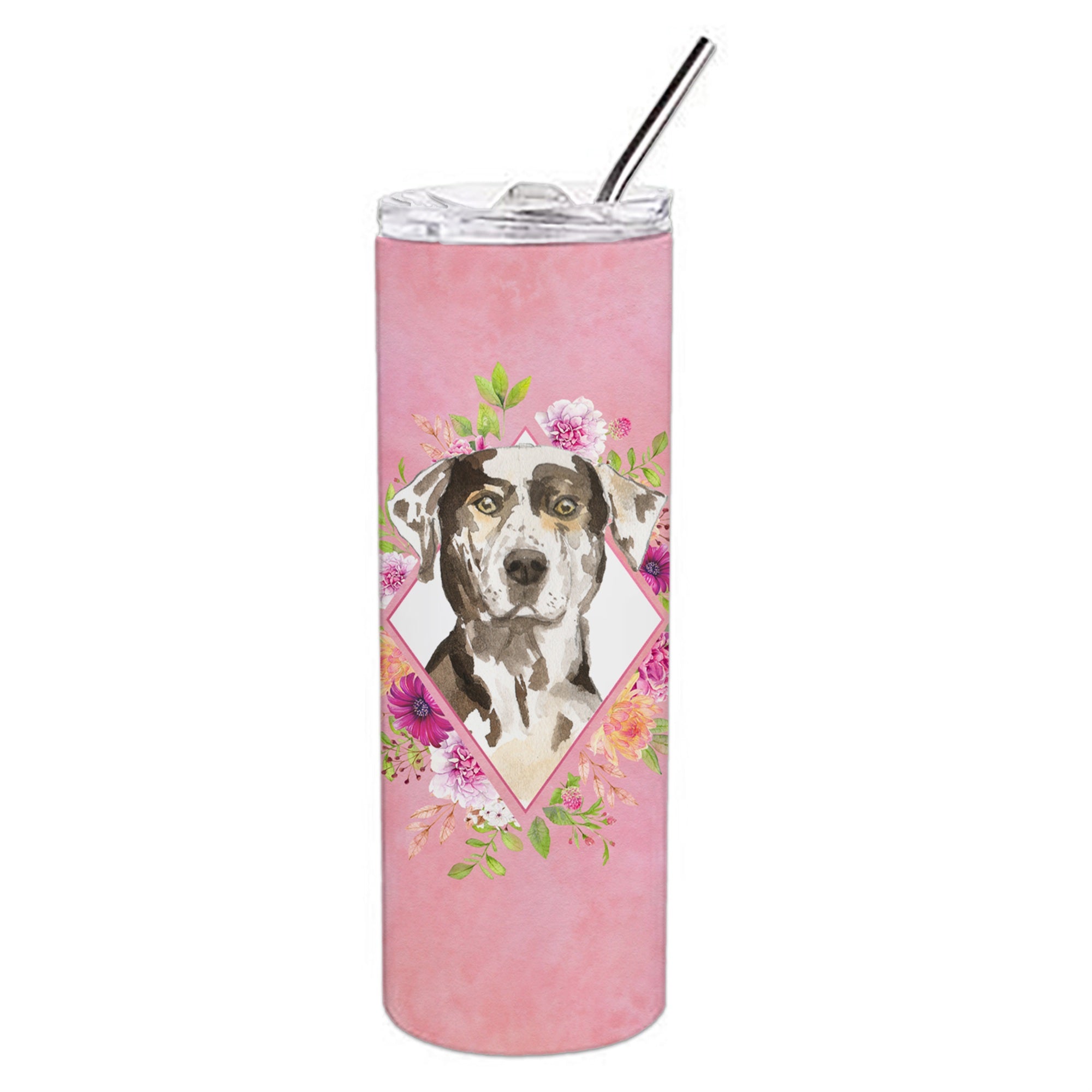'Caroline'S Treasures Catahoula Leopard Dog Pink Flowers Stainless Steel 20 Oz Skinny Travel-Insulated-Tumblers, Multicolor''