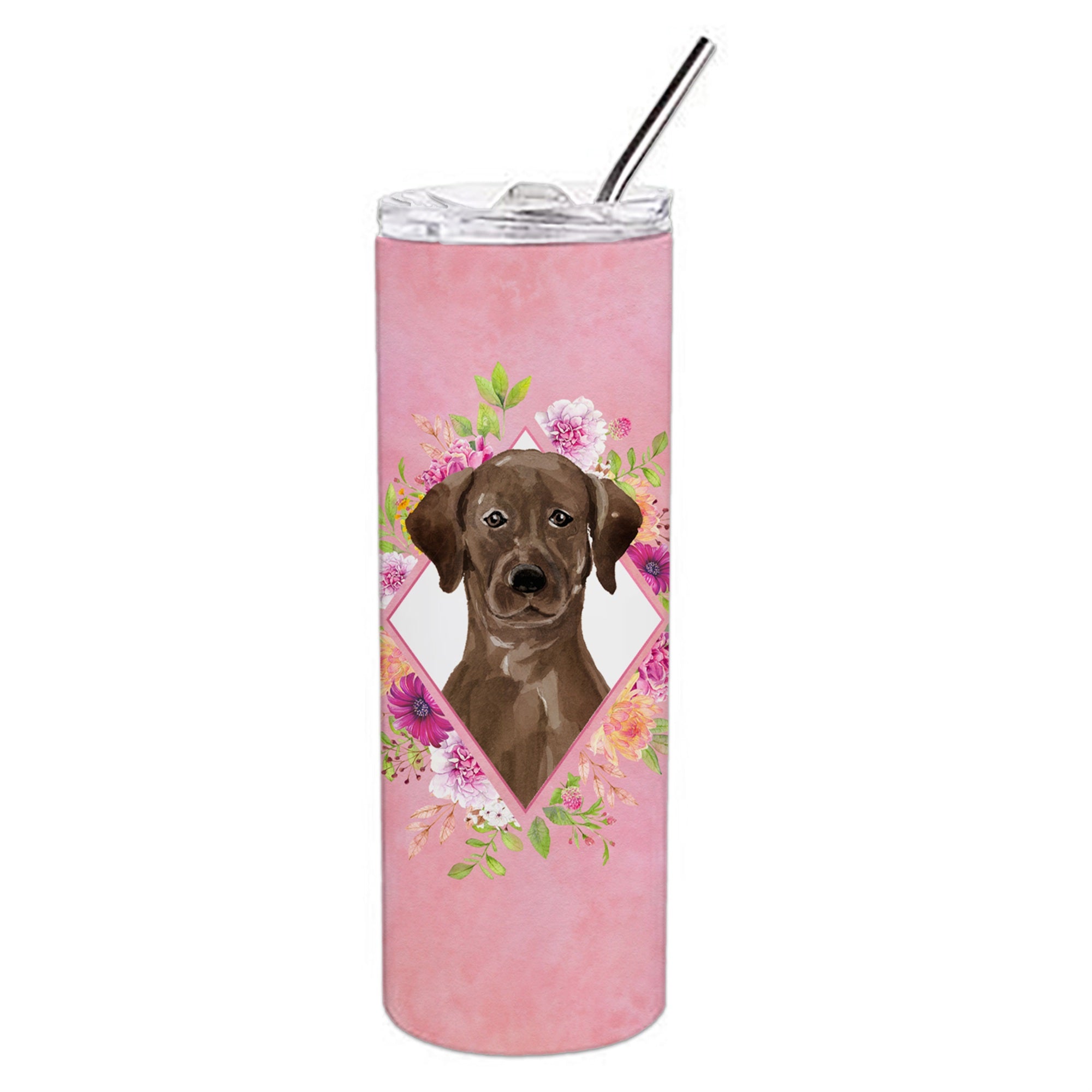'Caroline'S Treasures Chocolate Labrador Pink Flowers Double Walled Stainless Steel 20 Oz Skinny Travel-Insulated-Tumblers, Mul
