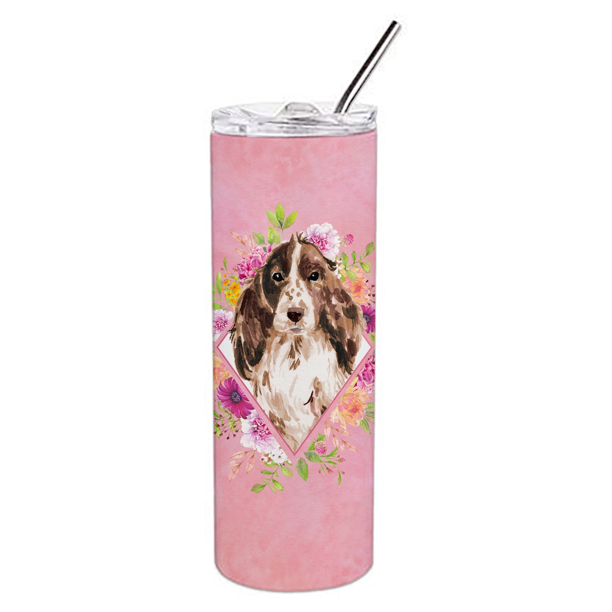 'Caroline'S Treasures Brown Parti Cocker Spaniel Pink Flowers Stainless Steel 20 Oz Skinny Travel-Insulated-Tumblers, Multicolo